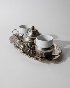 Vintage Silver Plated Coffee Set, Two Espresso Cups with Ceramic Inlays, 1960s