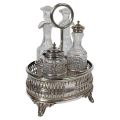 Vintage Silver Plated Cruet Set with Cut and Beveled Crystal Glass Bottles, 50s