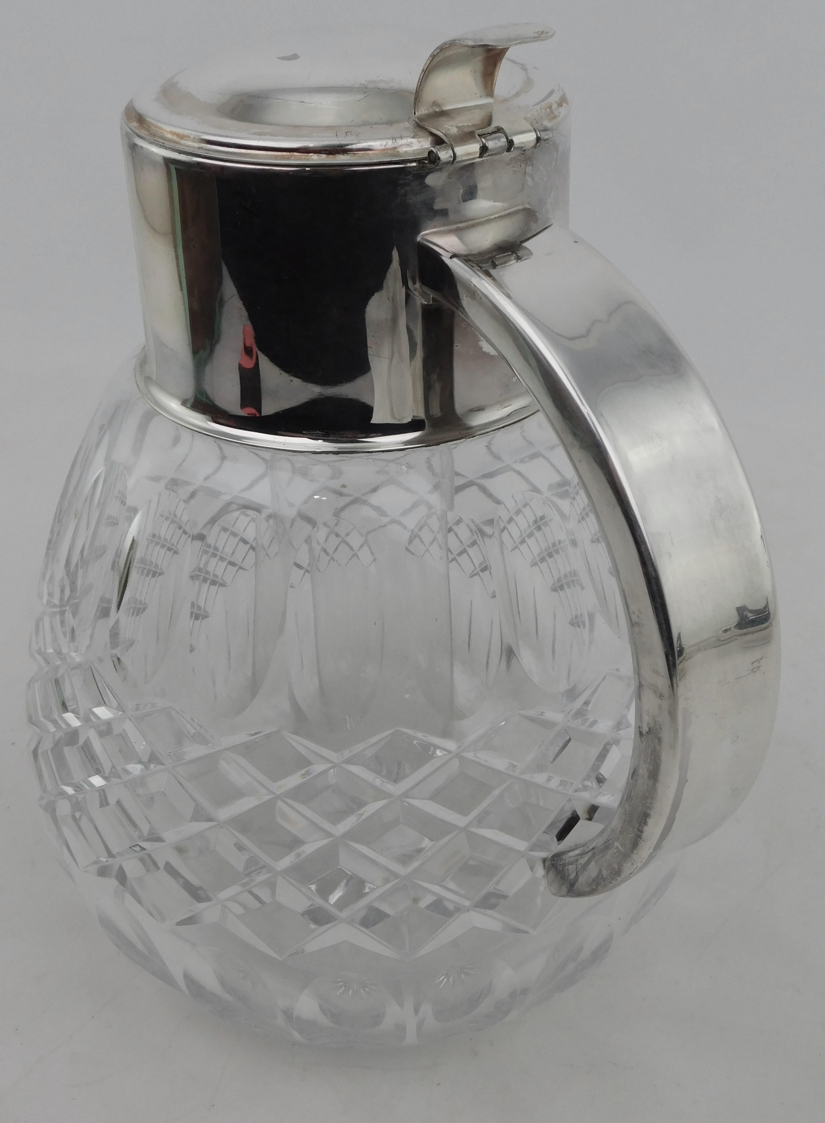Vintage Silver Plated Crystal Pitcher with Glass Chiller For Sale 2