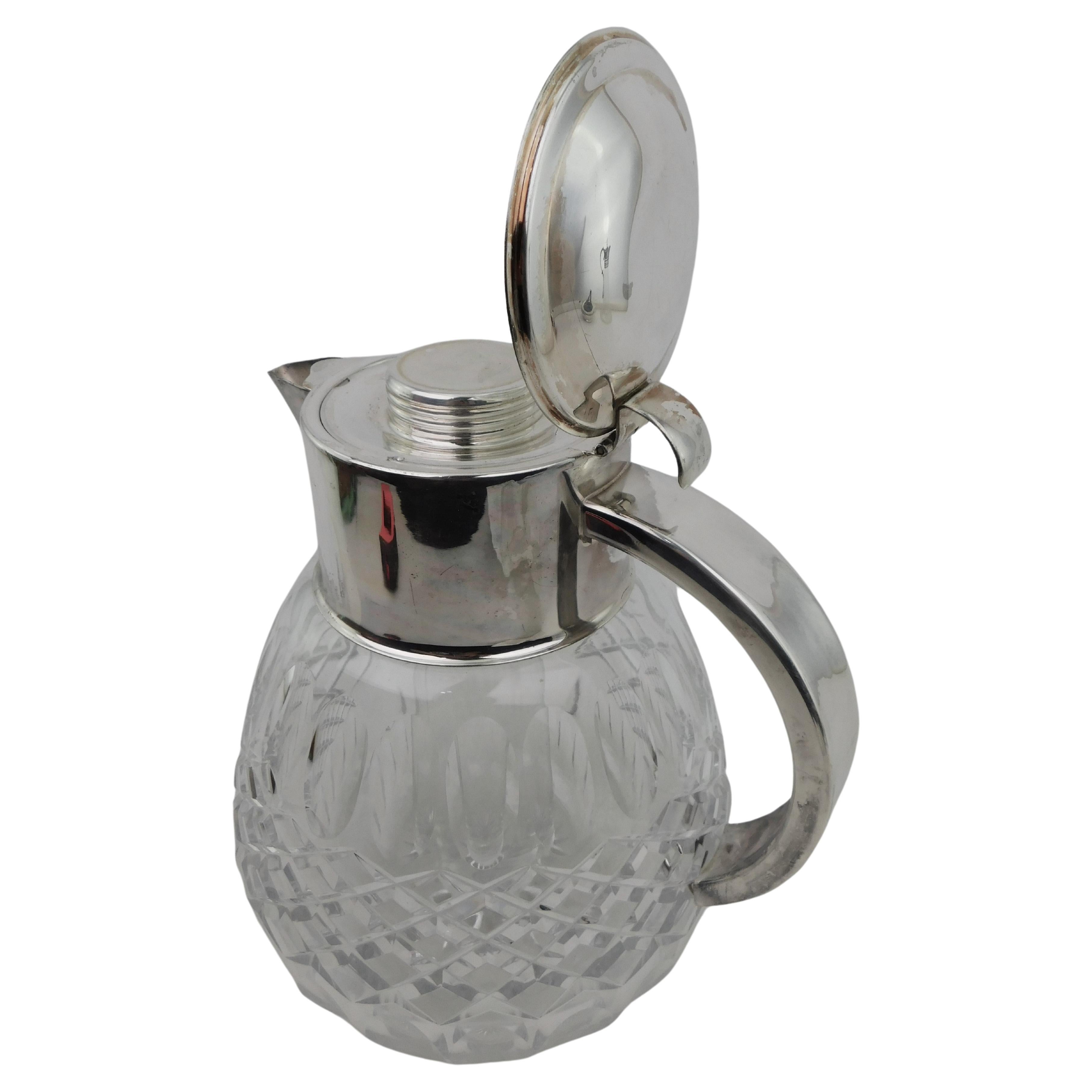 Vintage Silver Plated Crystal Pitcher with Glass Chiller For Sale 4