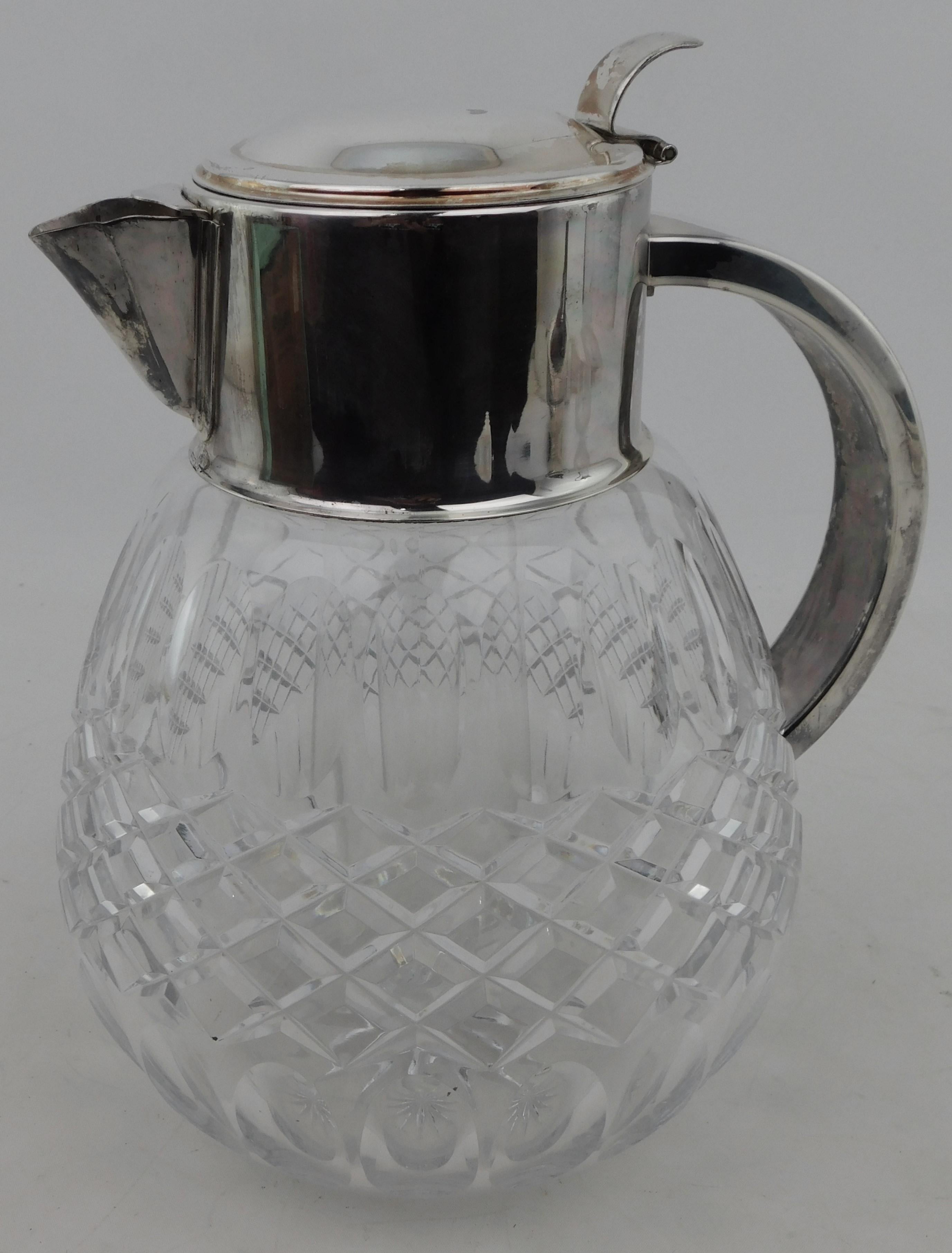 Vintage Silver Plated Crystal Pitcher with Glass Chiller For Sale 5