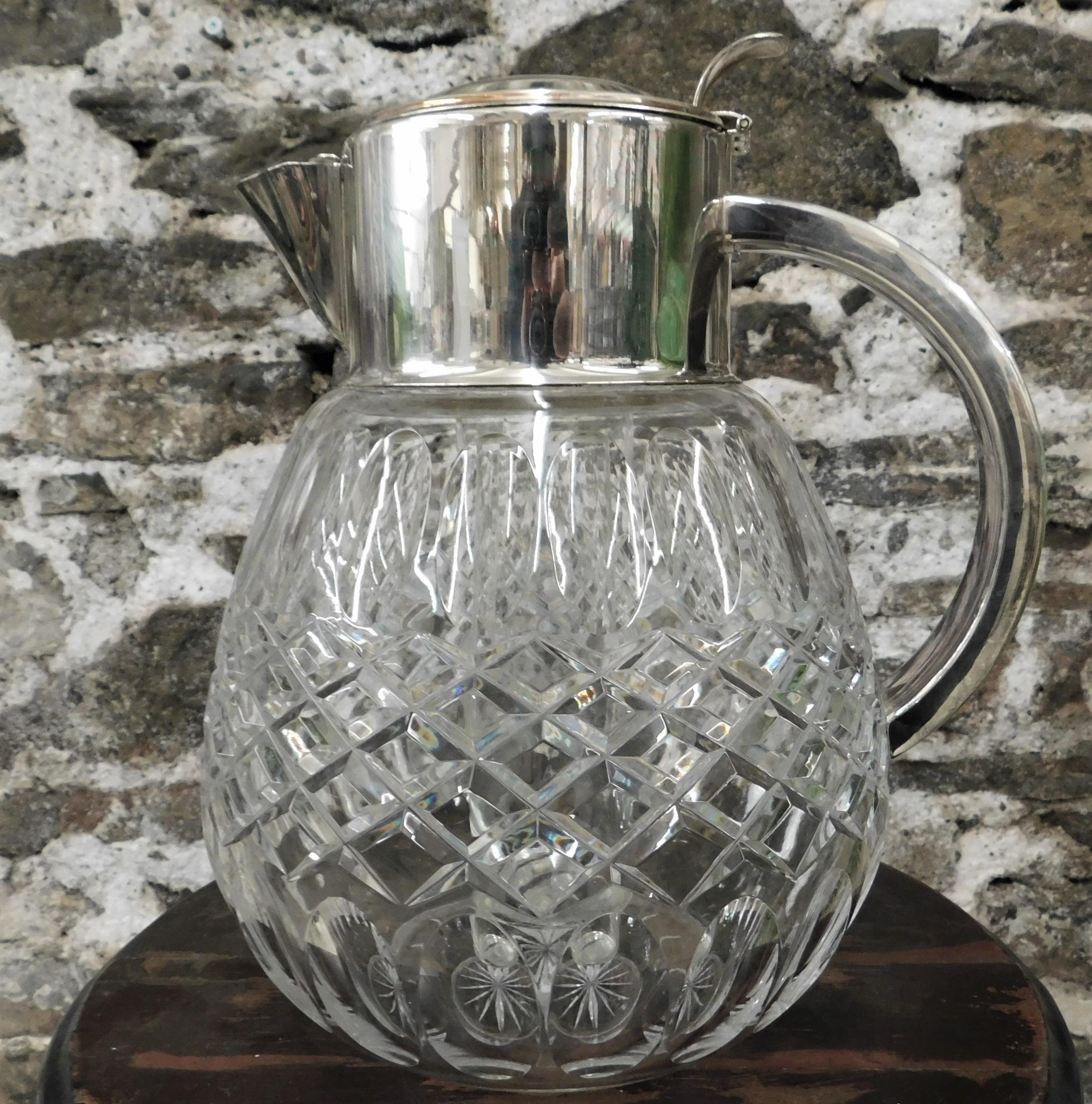 Vintage Silver Plated Crystal Pitcher with Glass Chiller For Sale 9