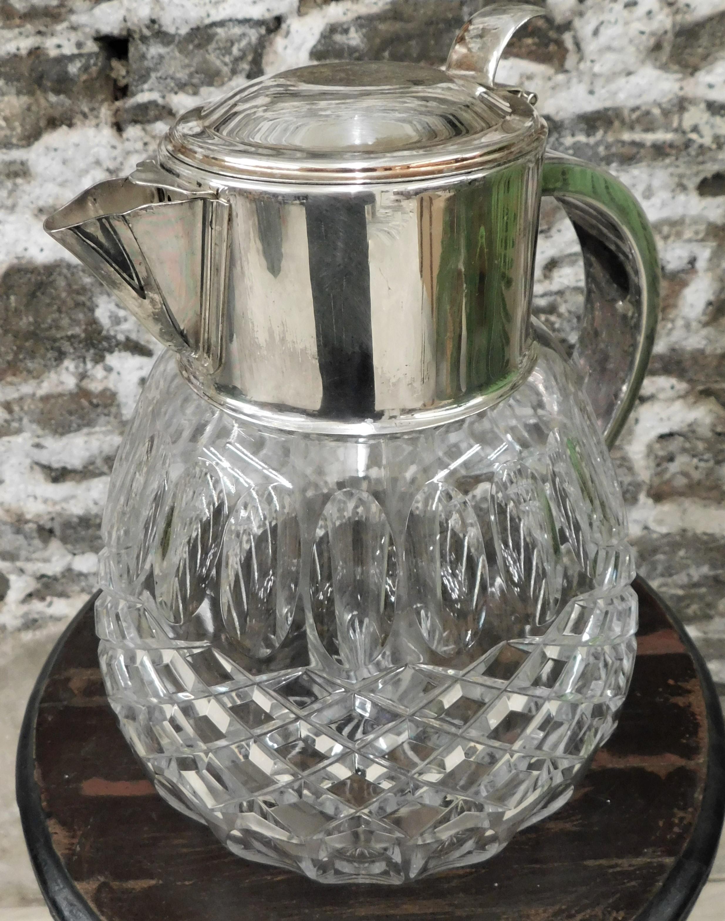 Vintage Silver Plated Crystal Pitcher with Glass Chiller For Sale 10