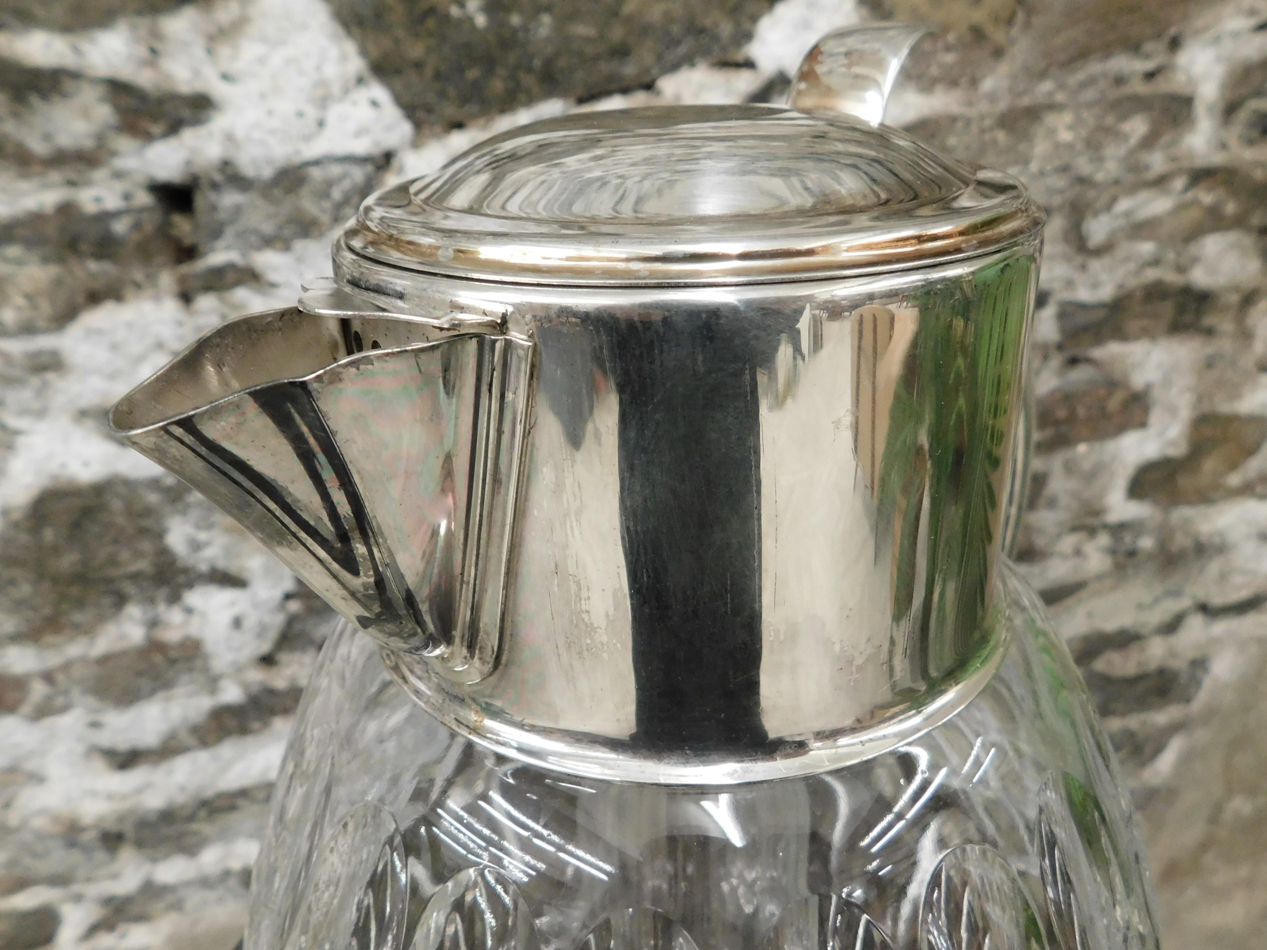 Vintage Silver Plated Crystal Pitcher with Glass Chiller For Sale 11