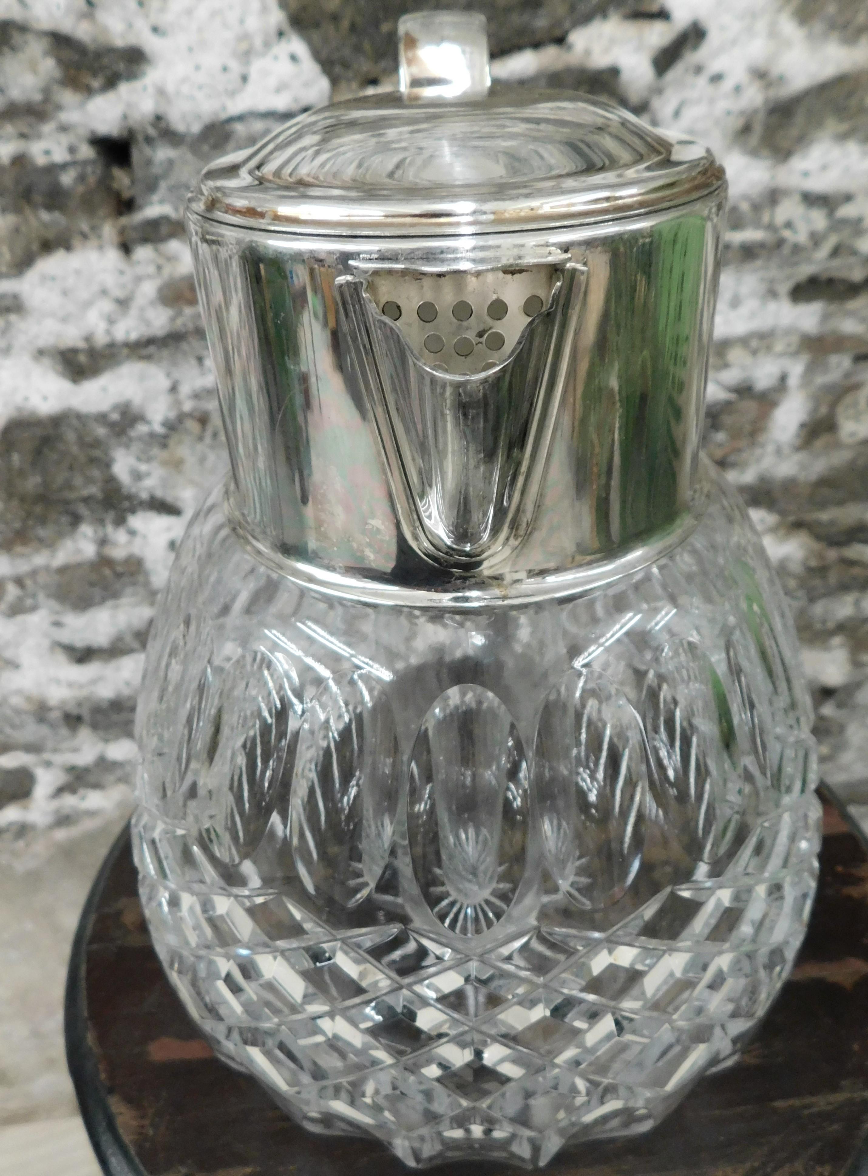 Vintage Silver Plated Crystal Pitcher with Glass Chiller For Sale 12