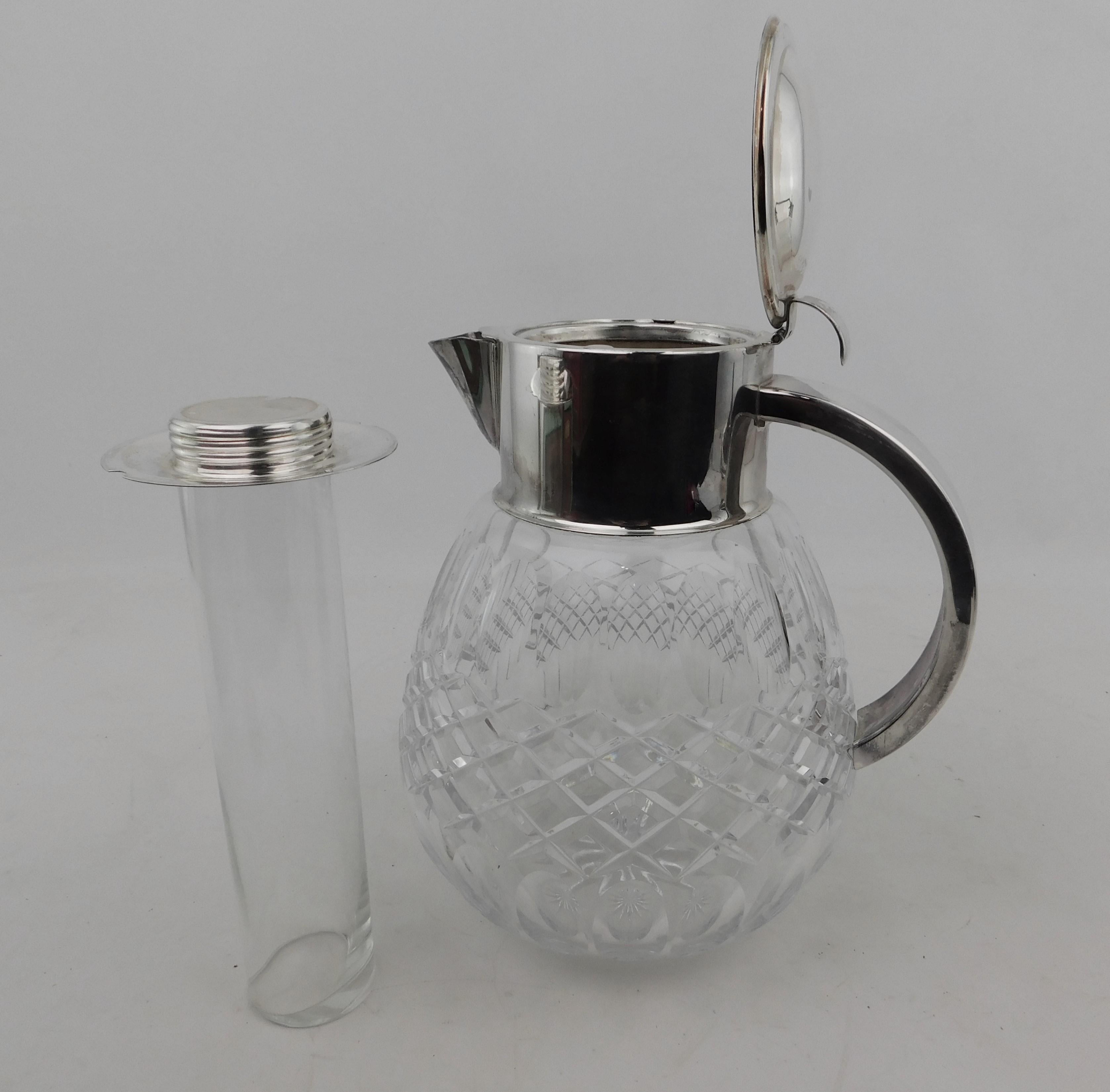 Mid-20th Century Vintage Silver Plated Crystal Pitcher with Glass Chiller For Sale