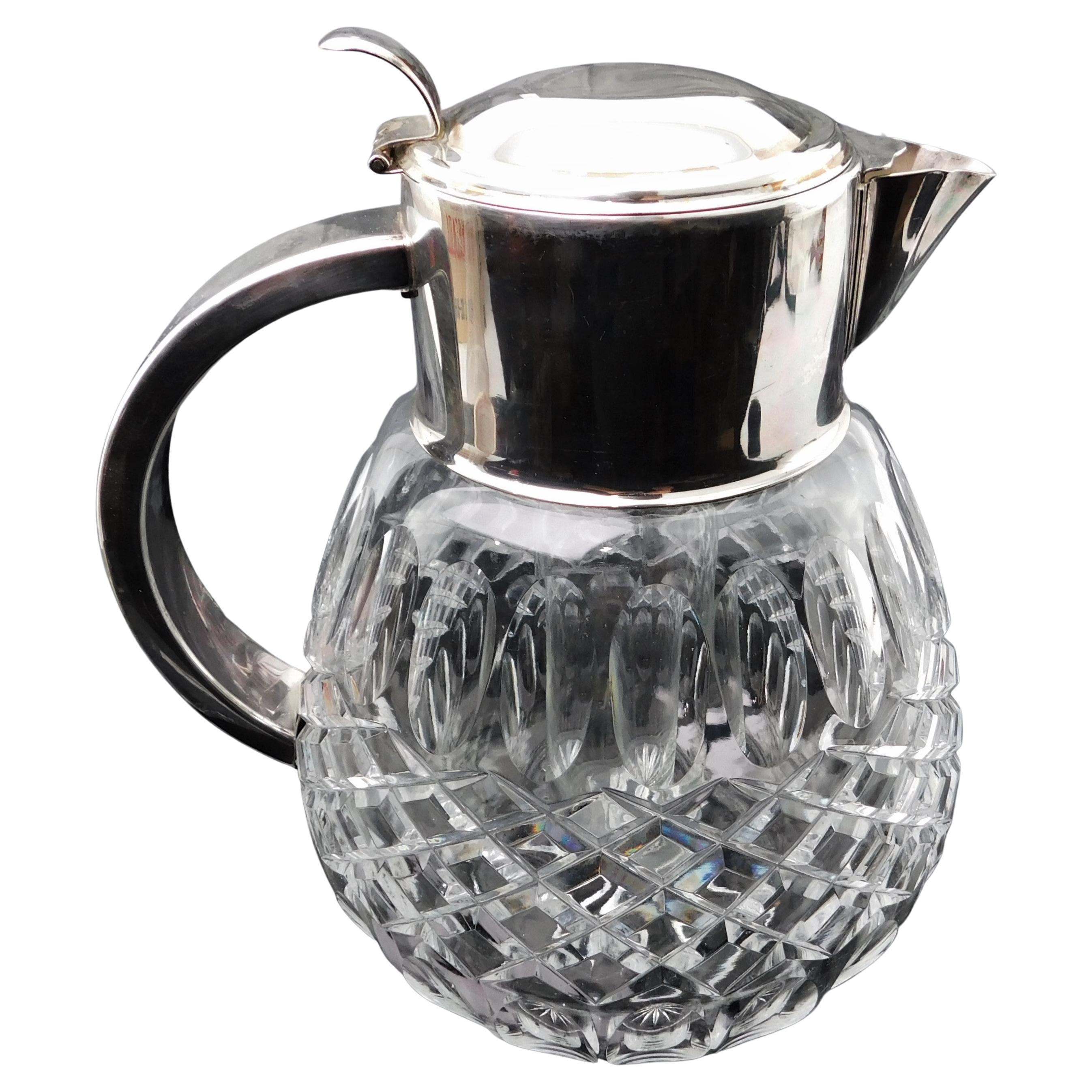 Vintage Silver Plated Crystal Pitcher with Glass Chiller For Sale