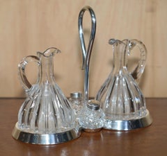 VINTAGE SILVER PLATED CUT GLASS SPANISH CRUET SET WITH OIL & VINEGAR BOTTLEs