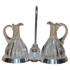 VINTAGE SILVER PLATED CUT GLASS SPANISH CRUET SET WITH OIL & VINEGAR BOTTLEs
