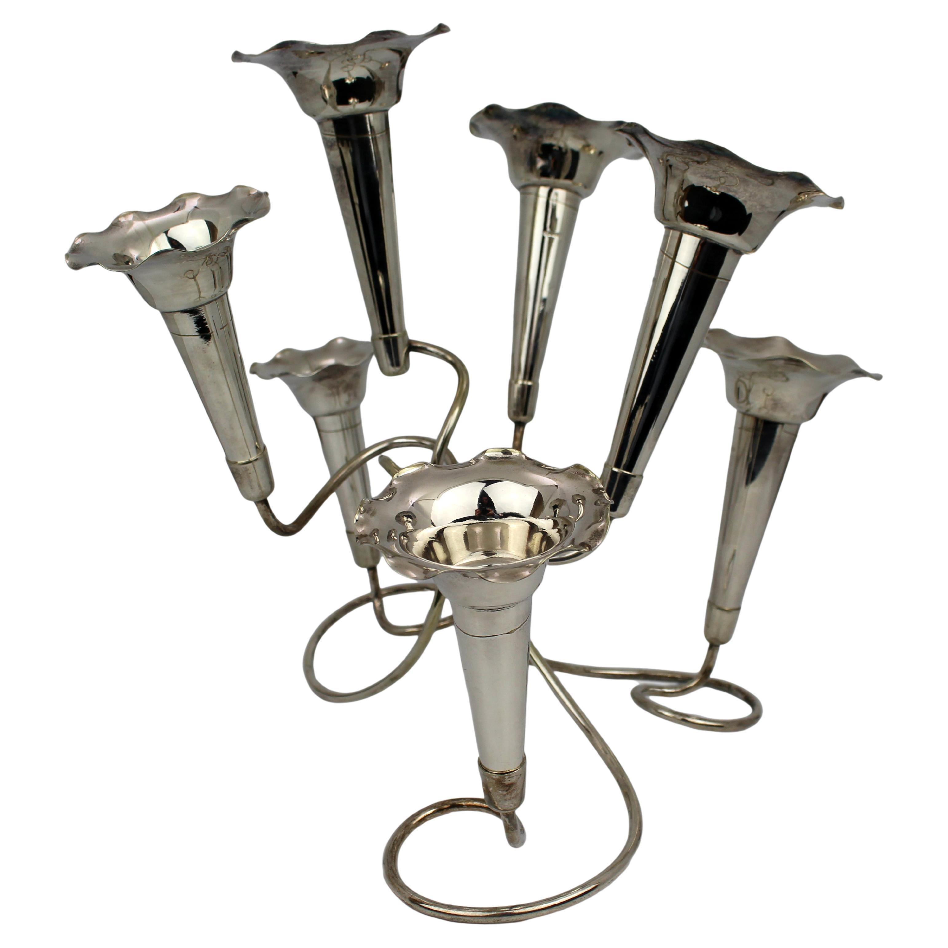 Vintage Silver Plated Epergne Centrepiece, Seven Trumpet Vases, c.1950 For Sale