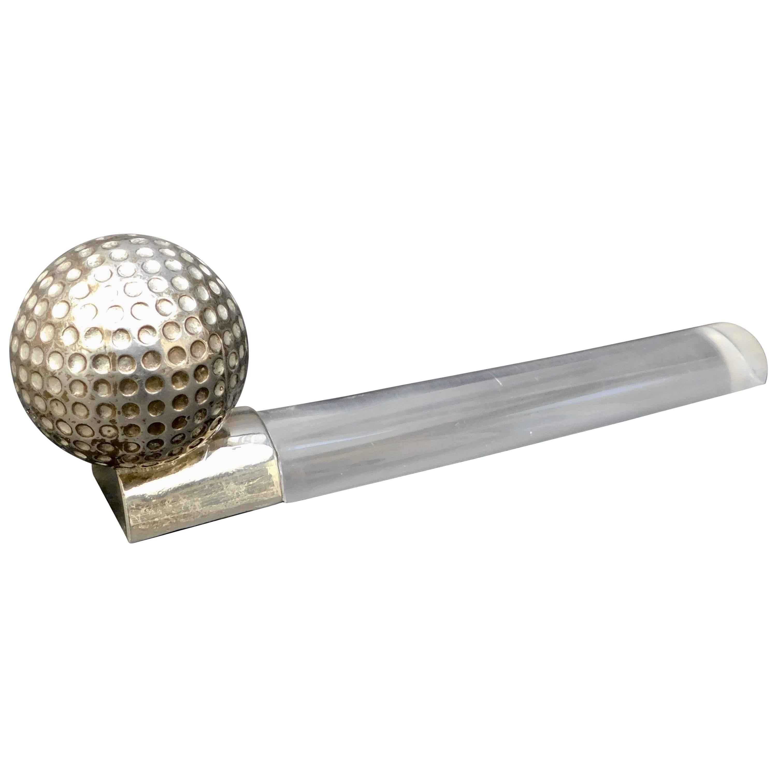 Vintage Silver Plated Golf Ball Desk Accessory with Lucite Magnifier For Sale