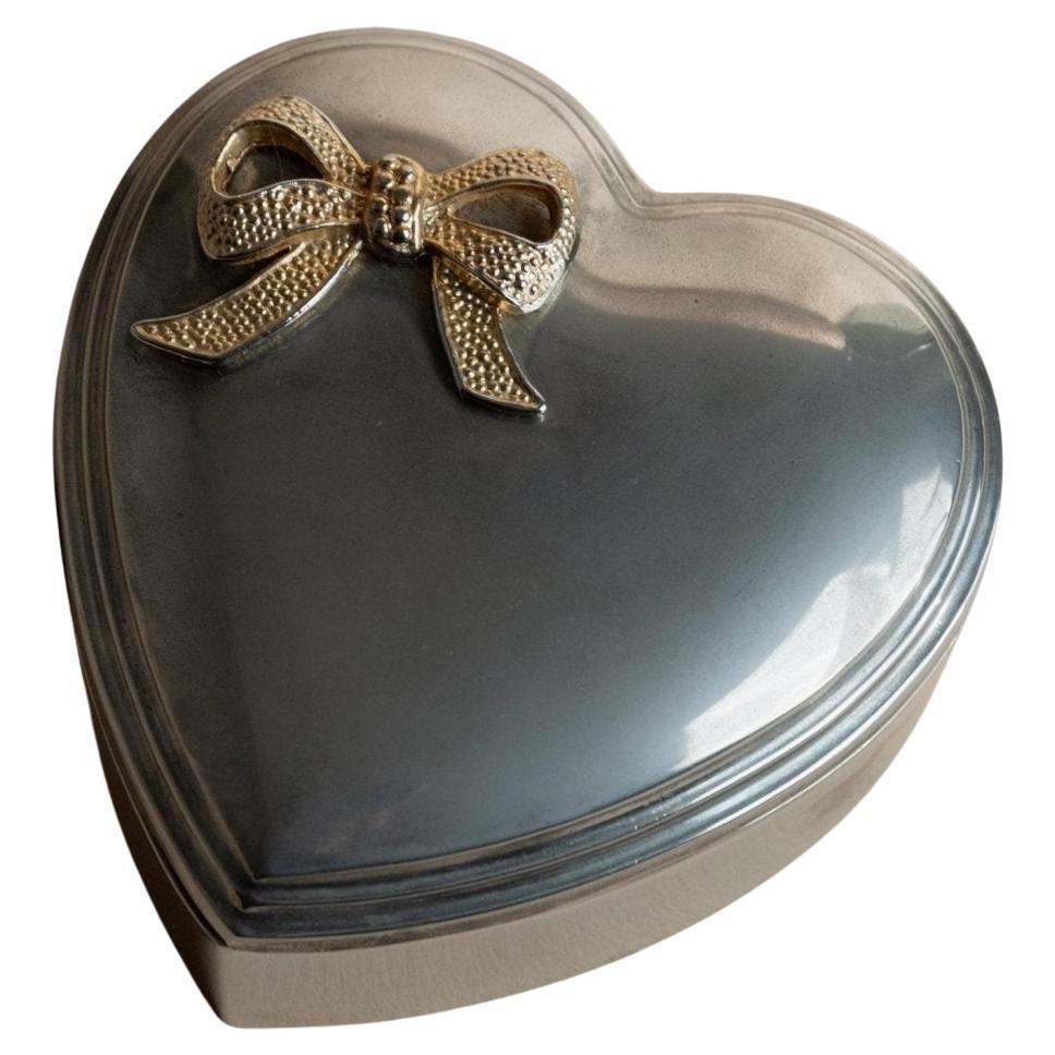 Vintage Silver Plated Heart Shape with Ribbon Jewelry Box, 1970s