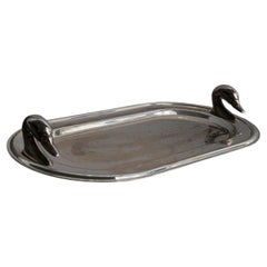 Vintage Silver Plated Oval Tray with Twin Swan Head Handles, France, 1960s
