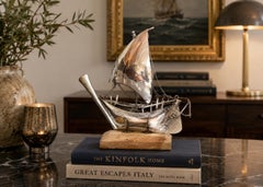 Vintage Silver-Plated Sailing Ship Sculpture on Wooden Base, Nautical Décor