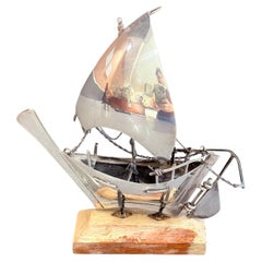 Vintage Silver-Plated Sailing Ship Sculpture on Wooden Base, Nautical Décor