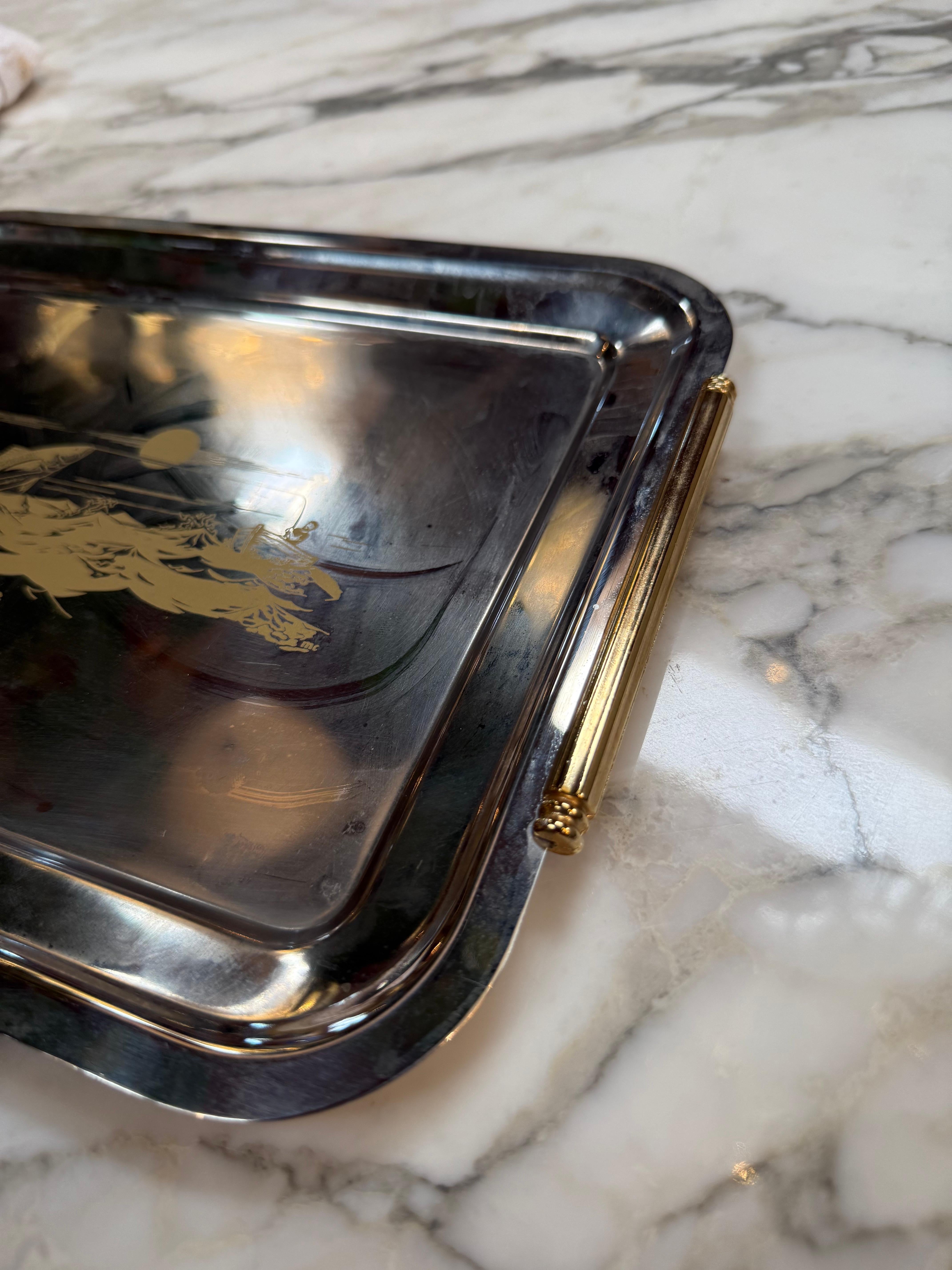 Modern Vintage Silver Plated Serving Tray Scenic Motif For Sale
