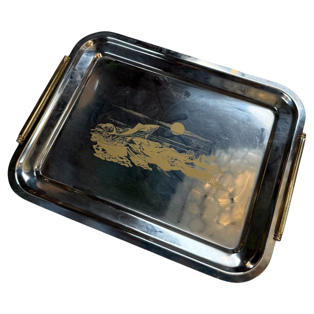 Vintage Silver Plated Serving Tray Scenic Motif For Sale
