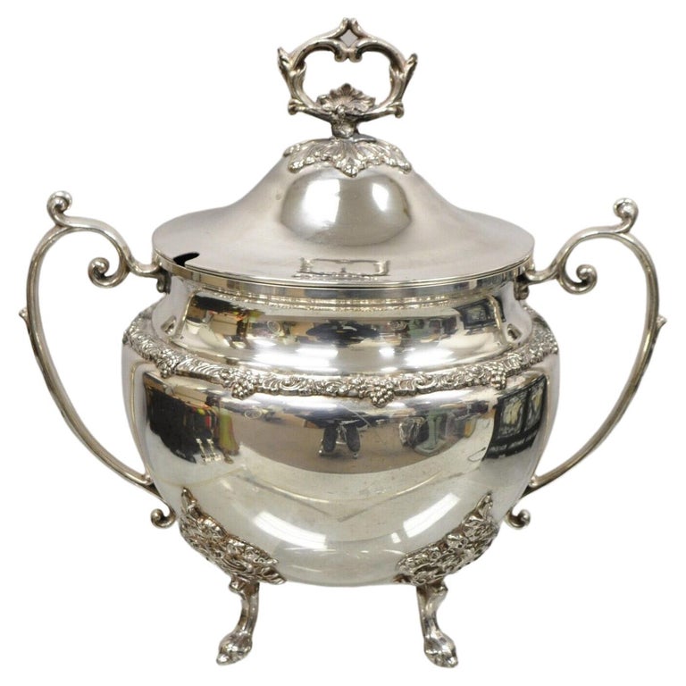 Vintage Silver Plated Soup Tureen Serving Pot with Lid and Fancy Twin Handles For Sale at 1stDibs
