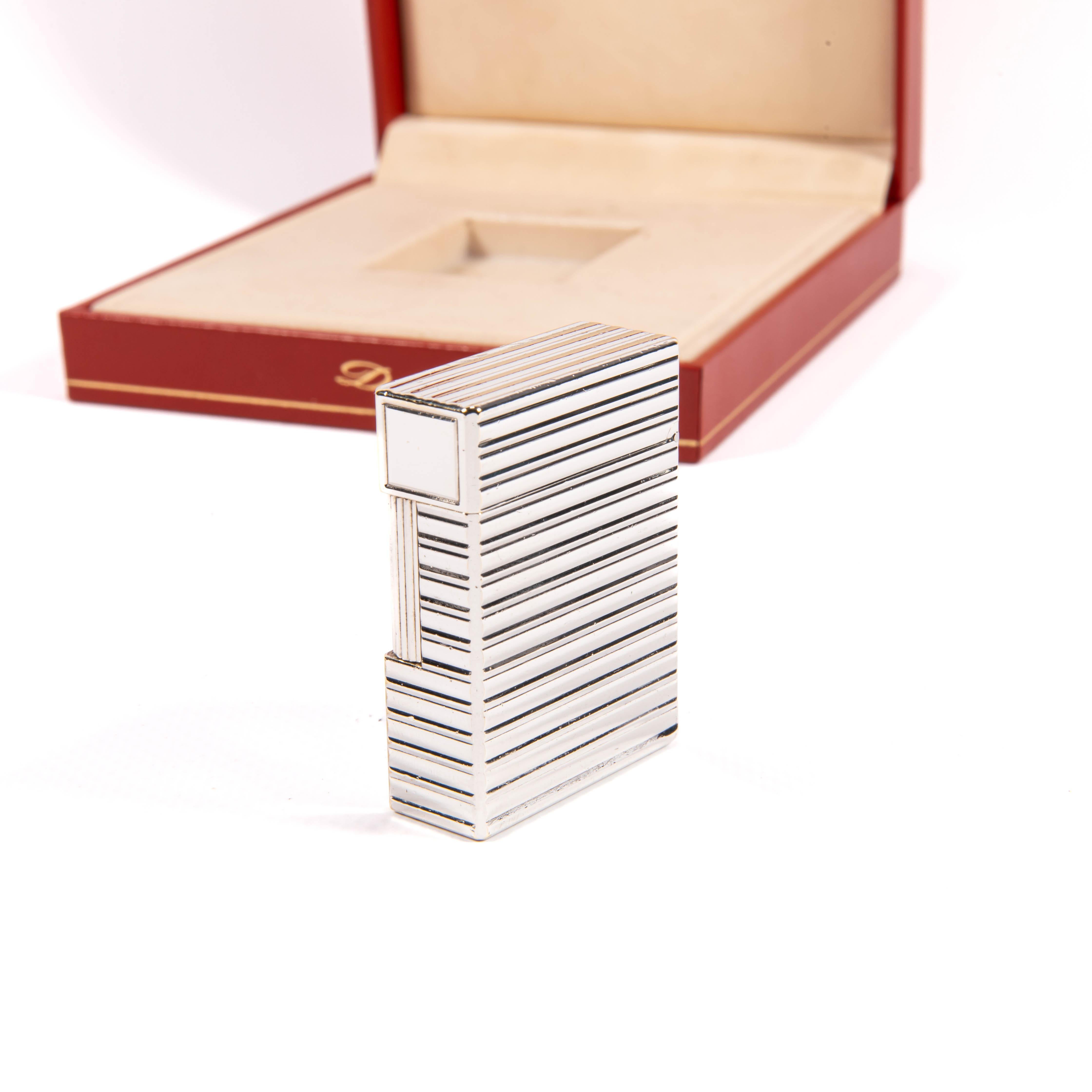 Women's or Men's Vintage Silver Plated S.T. Dupont Ligne 1 BR Small Lighter 1980s in Box For Sale