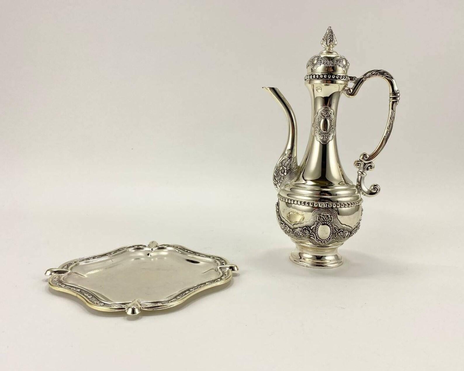 Silver Plate Vintage Silver-Plated Teapot with Tray  Water or Wine Jug With Graving For Sale