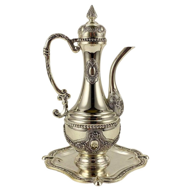 Vintage SilverPlated Teapot with Tray Water or Wine Jug With Graving For Sale at 1stDibs
