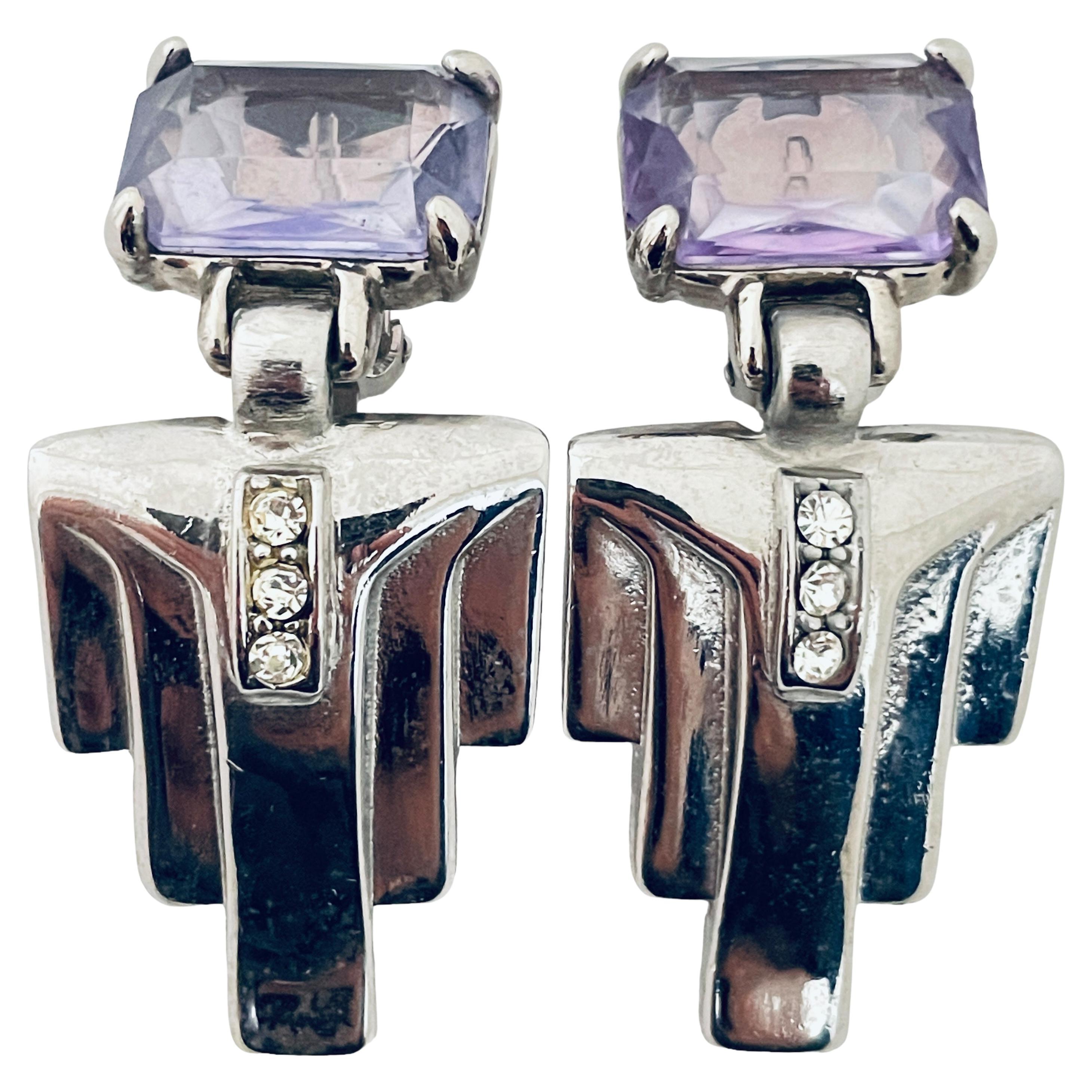 Vintage silver purple glass dangle designer clip on earrings