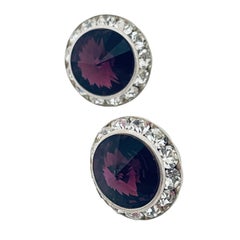 Vintage silver purple rivioli glass clear rhinestones designer earrings