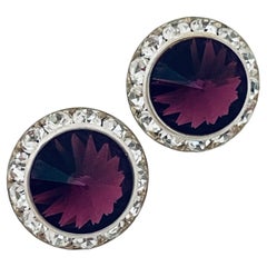 Boucles d'oreilles vintage en argent, verre de rivioli violet et strass clair