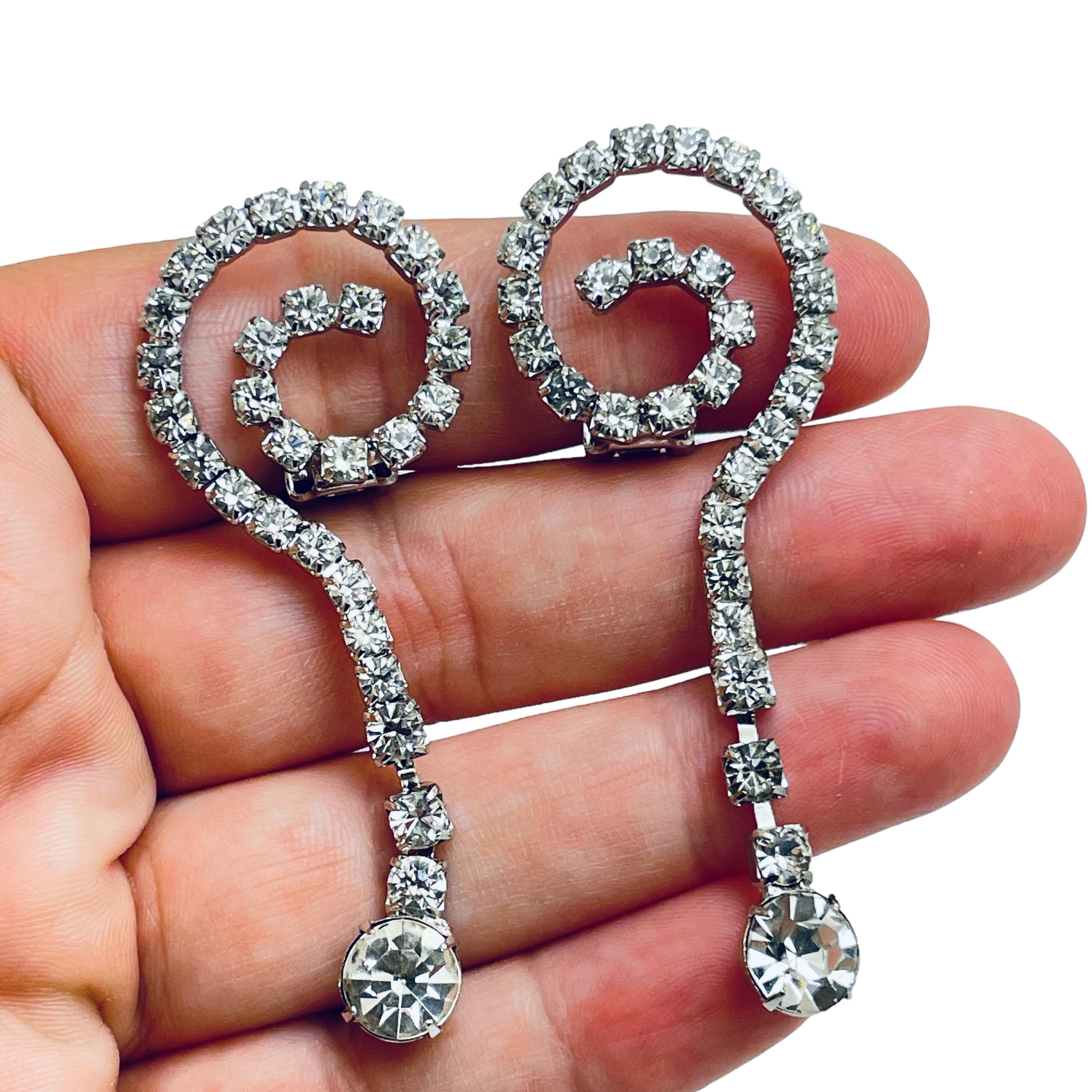 Women's Vintage silver rhinestone dangle designer clip on earrings For Sale