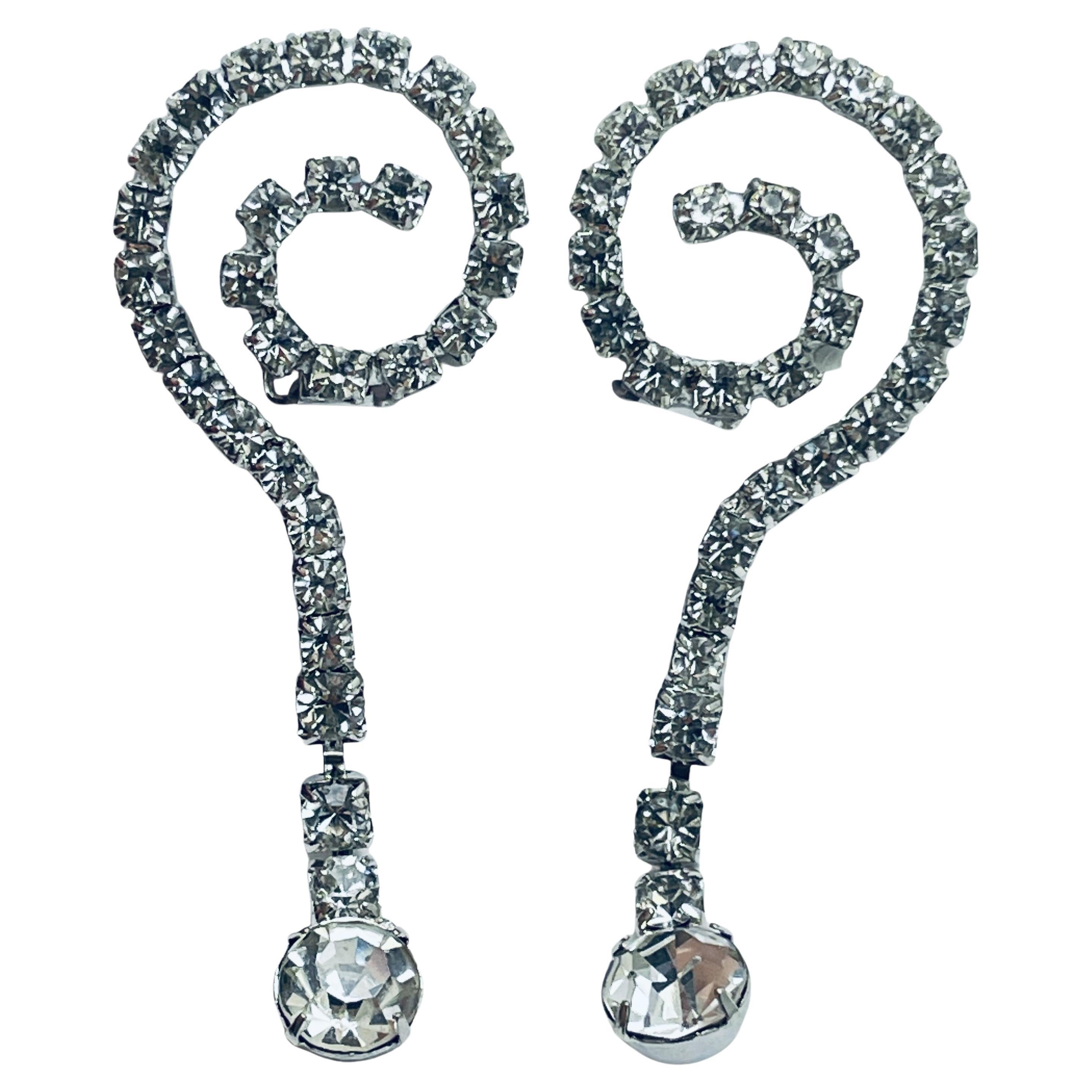 Vintage silver rhinestone dangle designer clip on earrings For Sale