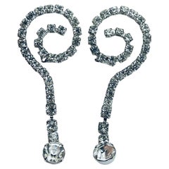 Vintage silver rhinestone dangle designer clip on earrings