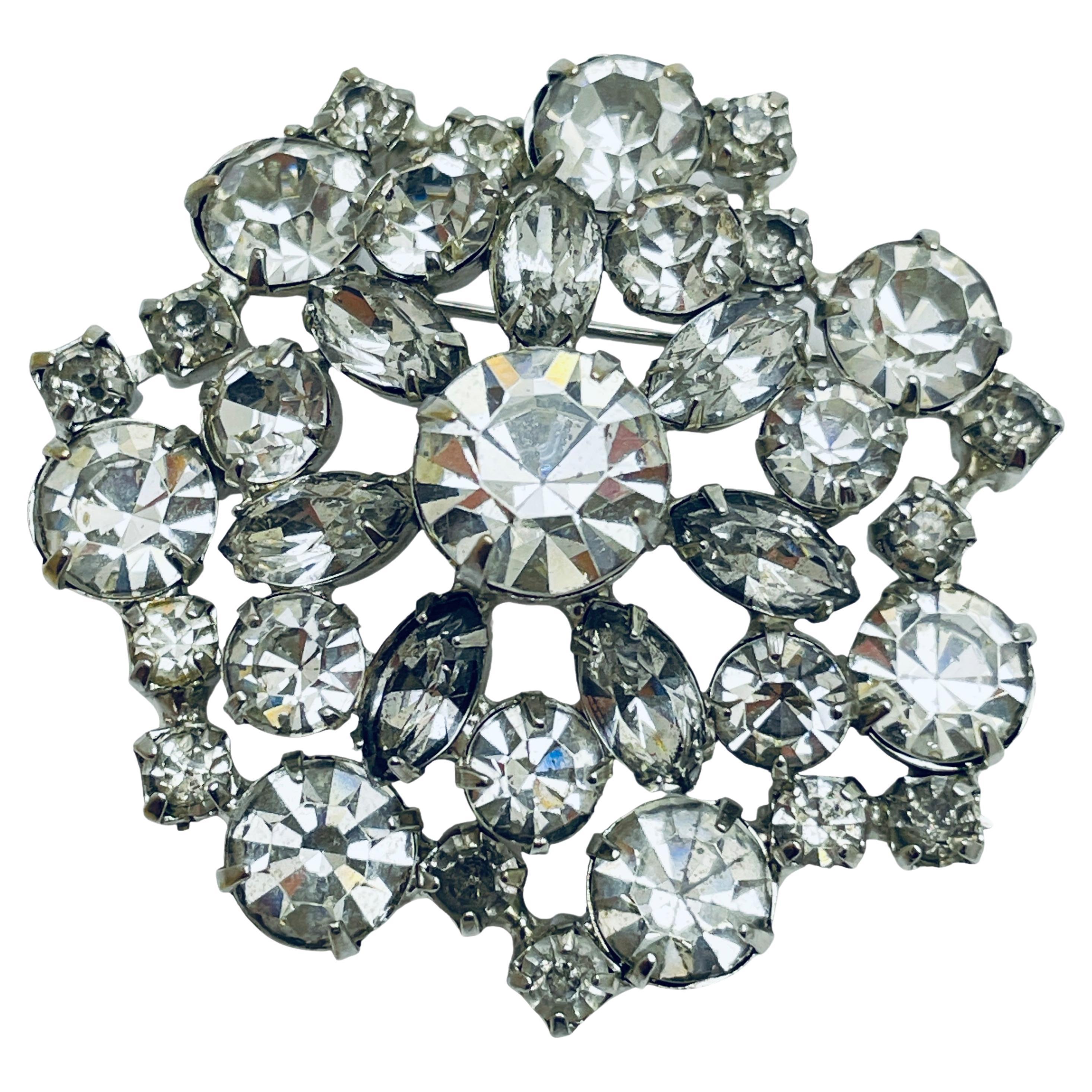 Vintage silver rhinestone massive designer brooch For Sale