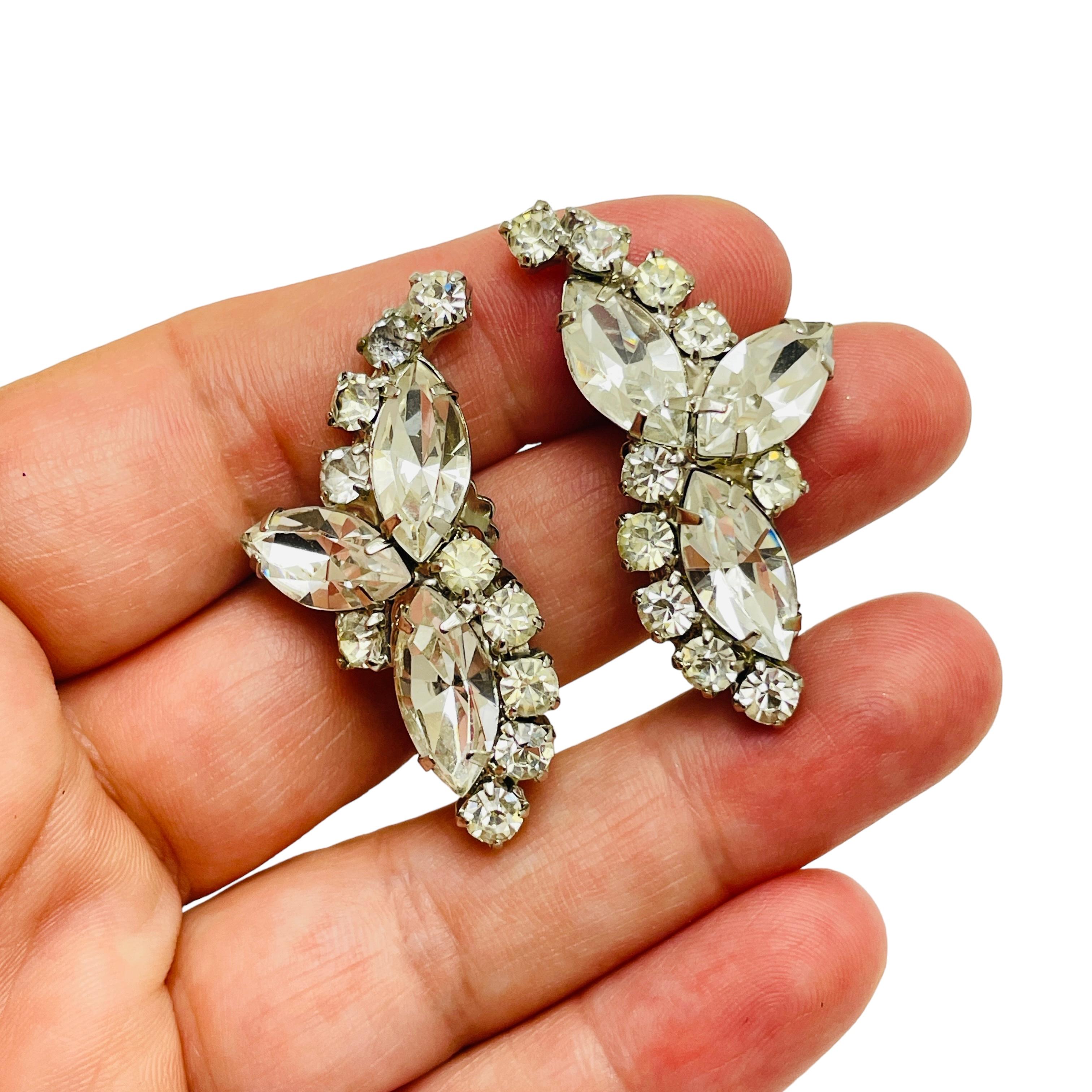 Women's Vintage silver rhinestones designer clip on earrings For Sale