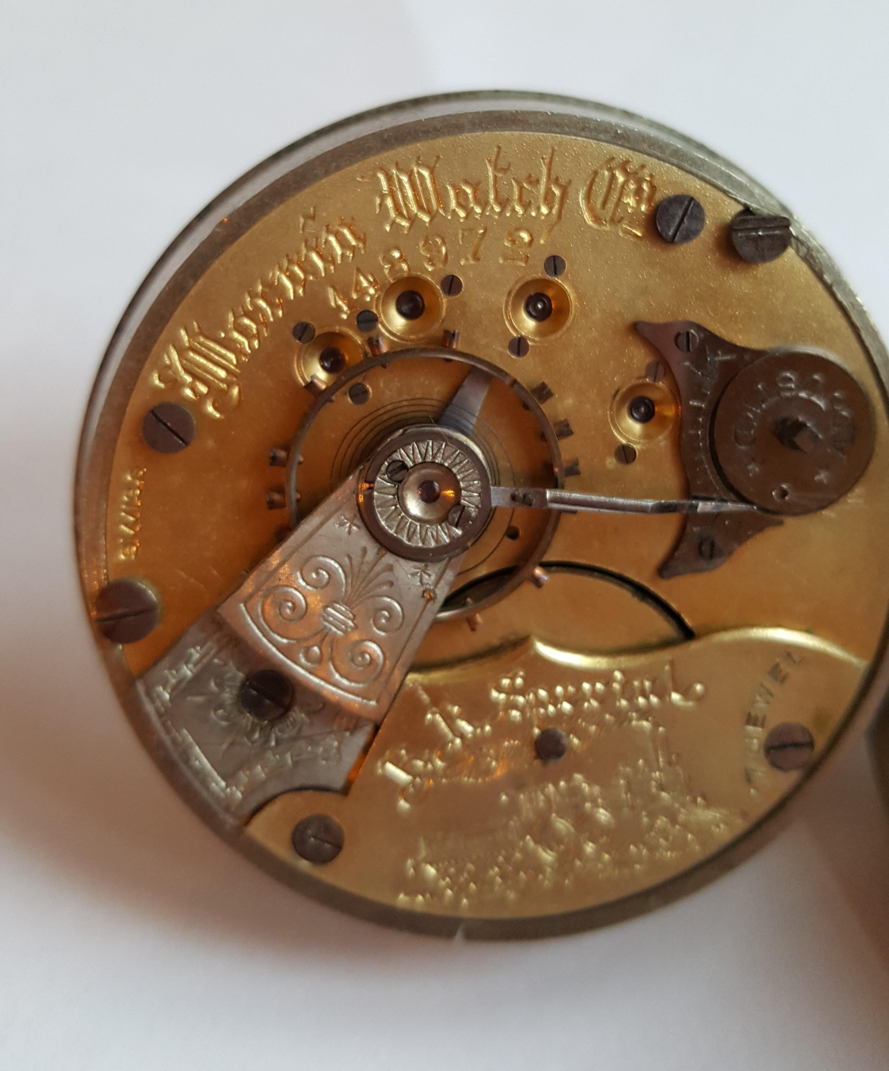 Vintage Silver RR Special Pocket Watch, Chronograph, 57 mm Case, Railroad Design, Marvin Watch Company, Roman Numbers, White Face, 17 Jewel. The crystal is very the thick glass in good condition. Model 148972, Swiss Movement.

Per agreement with