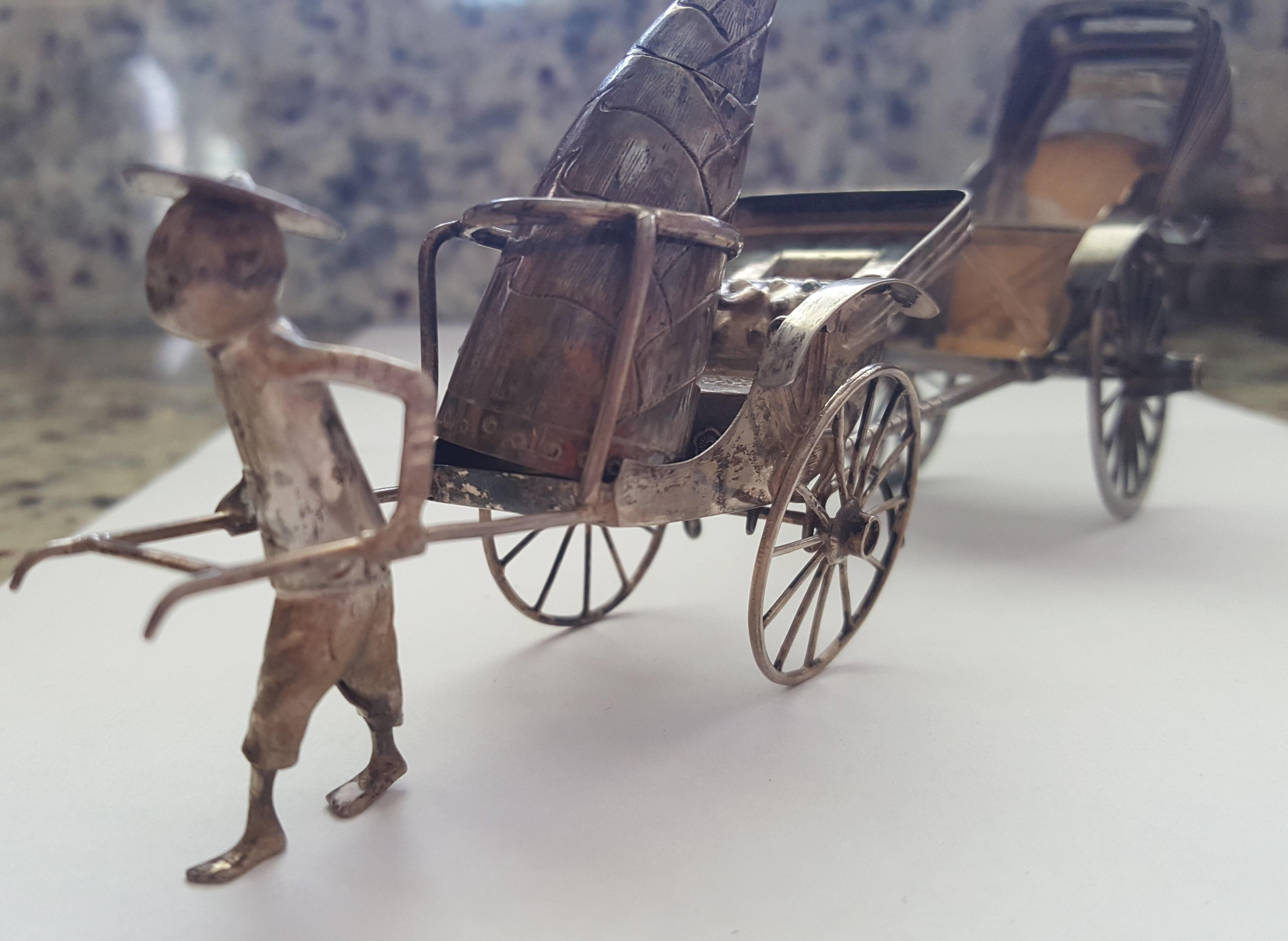 Vintage Silver Salt and Pepper Shaker, Asian, Two Rickshaw Carts pulled by Man, 116.50 Grams, Silver, Solid Silver, Sterling Silver, Shakers, these are about 8 inches long laid out.We are selling other Asian salt and pepper shakers on our 1stDibs