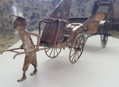 Vintage Silver Salt and Pepper Shaker, Asian, Two Rickshaw Carts Pulled by Man