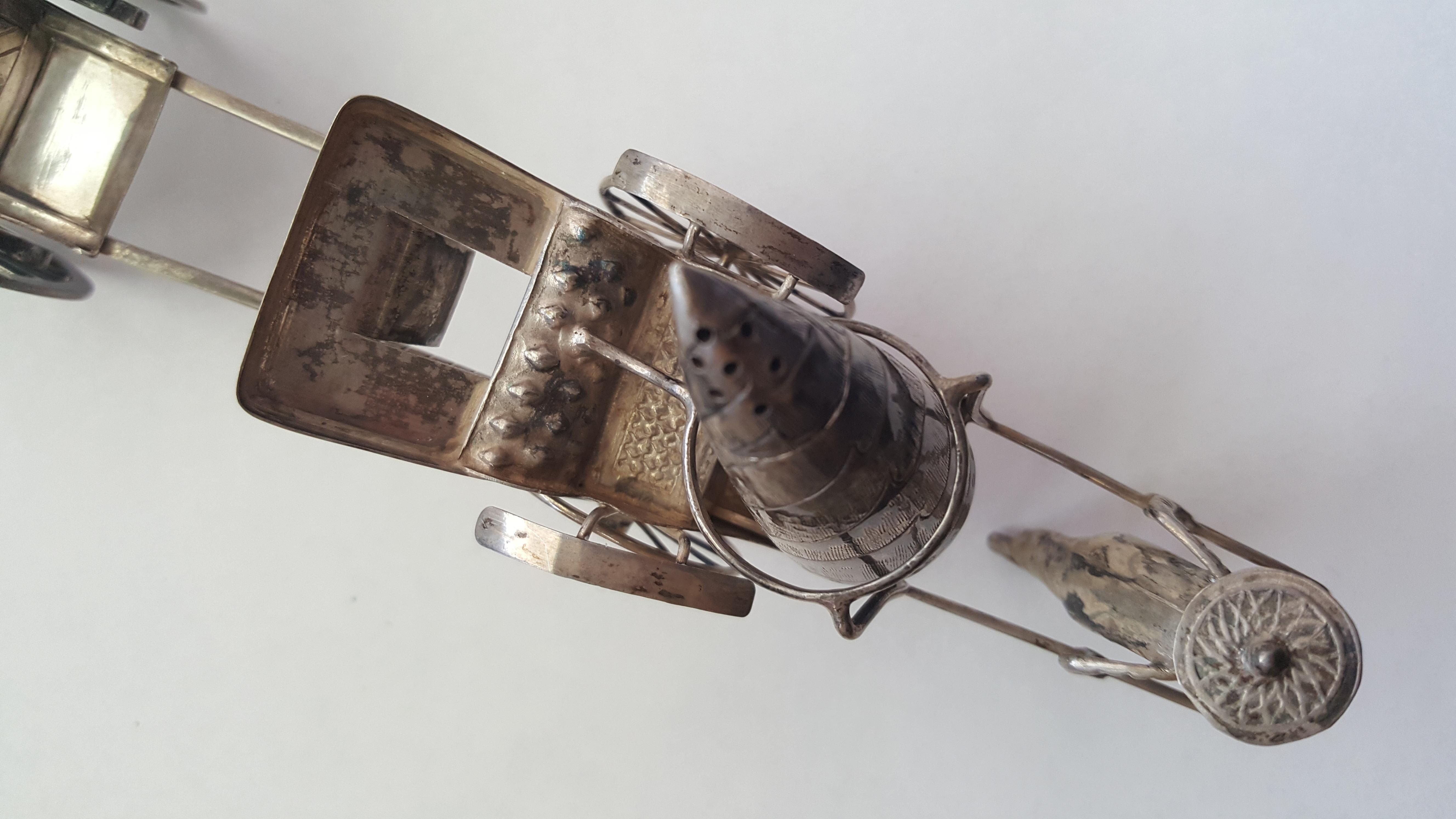 Vintage Silver Salt and Pepper Shaker, Asian, Two Rickshaw Carts Pulled by Man 1