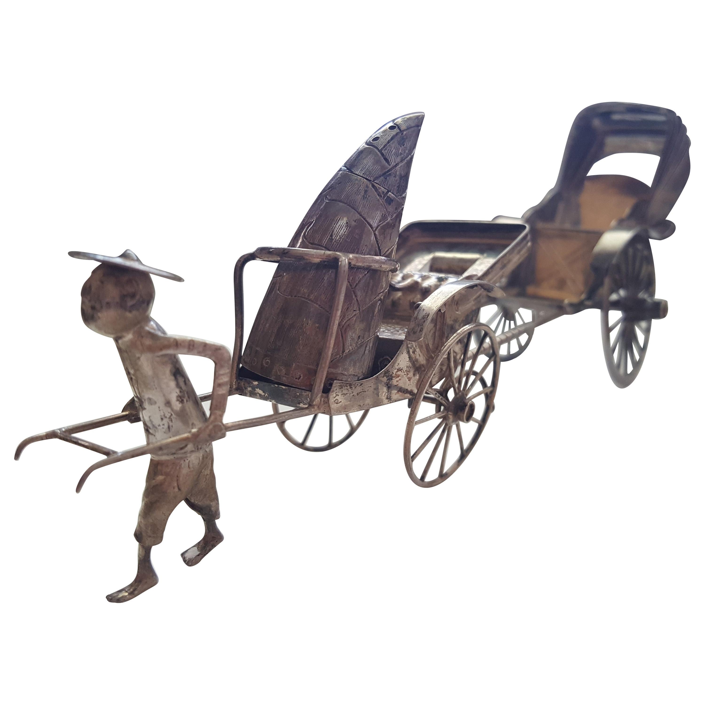 Vintage Silver Salt and Pepper Shaker, Asian, Two Rickshaw Carts Pulled by Man