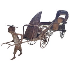 Vintage Silver Salt and Pepper Shaker, Asian, Two Rickshaw Carts Pulled by Man