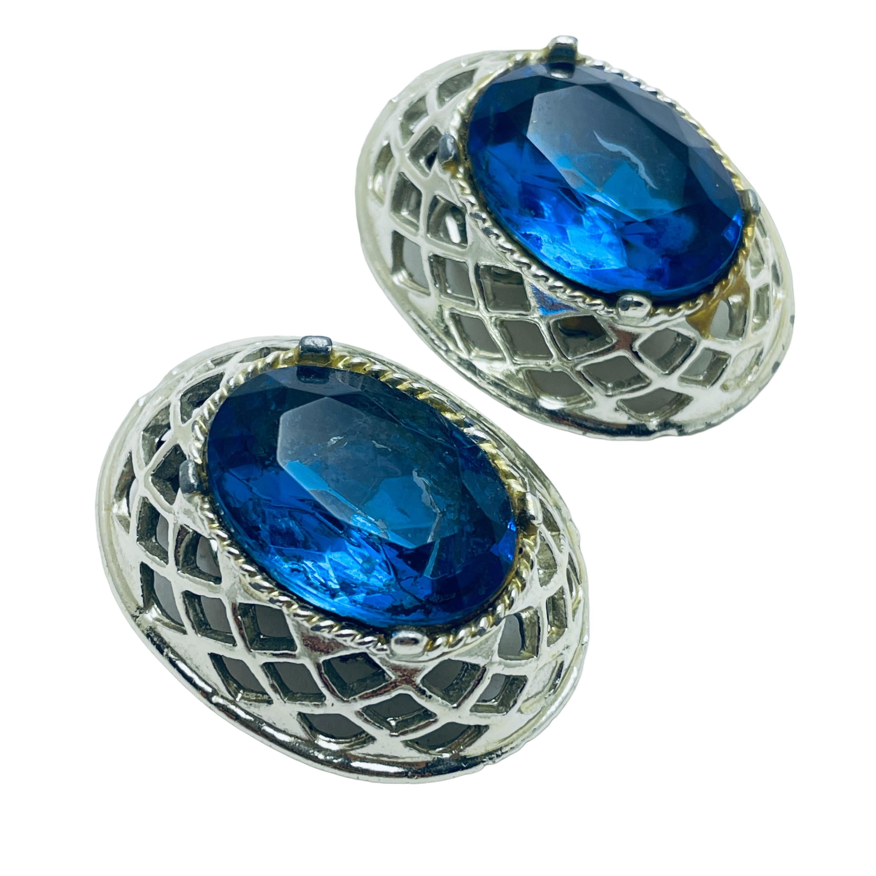 Women's or Men's Vintage silver sapphire blue glass designer runway clip on earrings For Sale