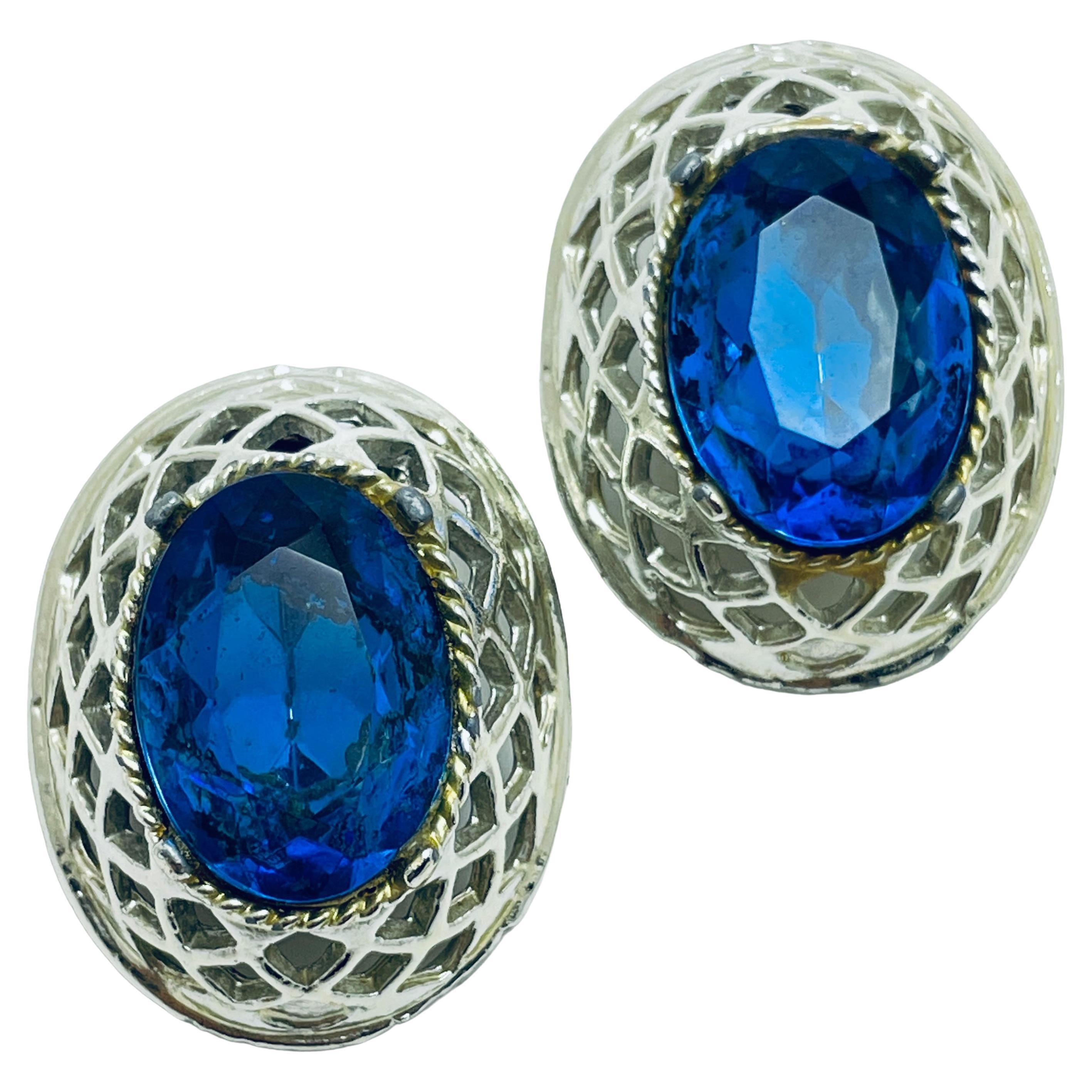 Vintage silver sapphire blue glass designer runway clip on earrings For Sale