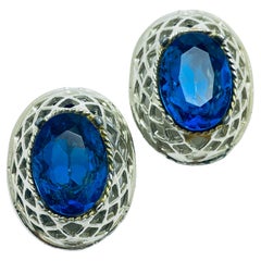 Vintage silver sapphire blue glass designer runway clip on earrings