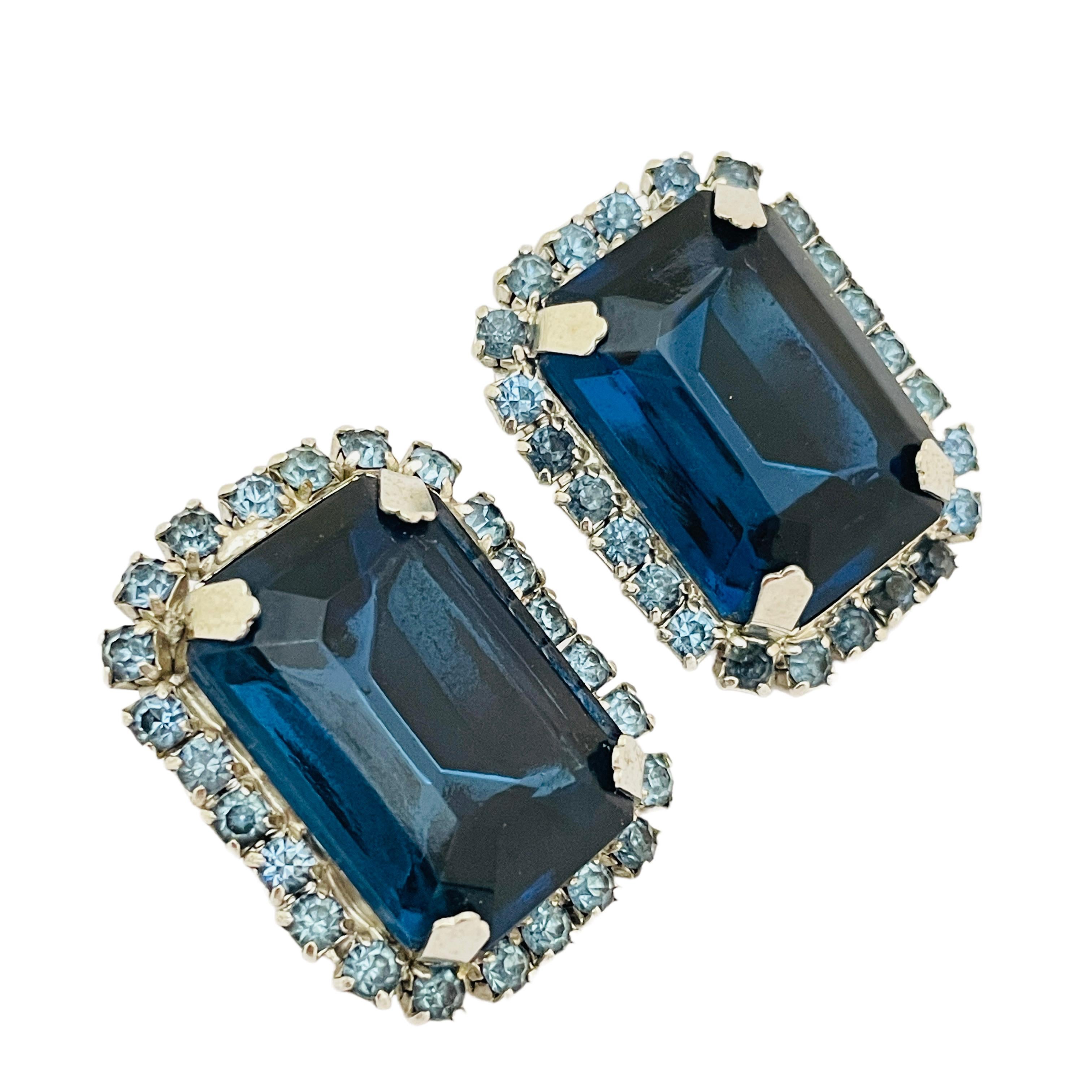 Women's or Men's Vintage silver sapphire glass designer runway clip on earrings For Sale