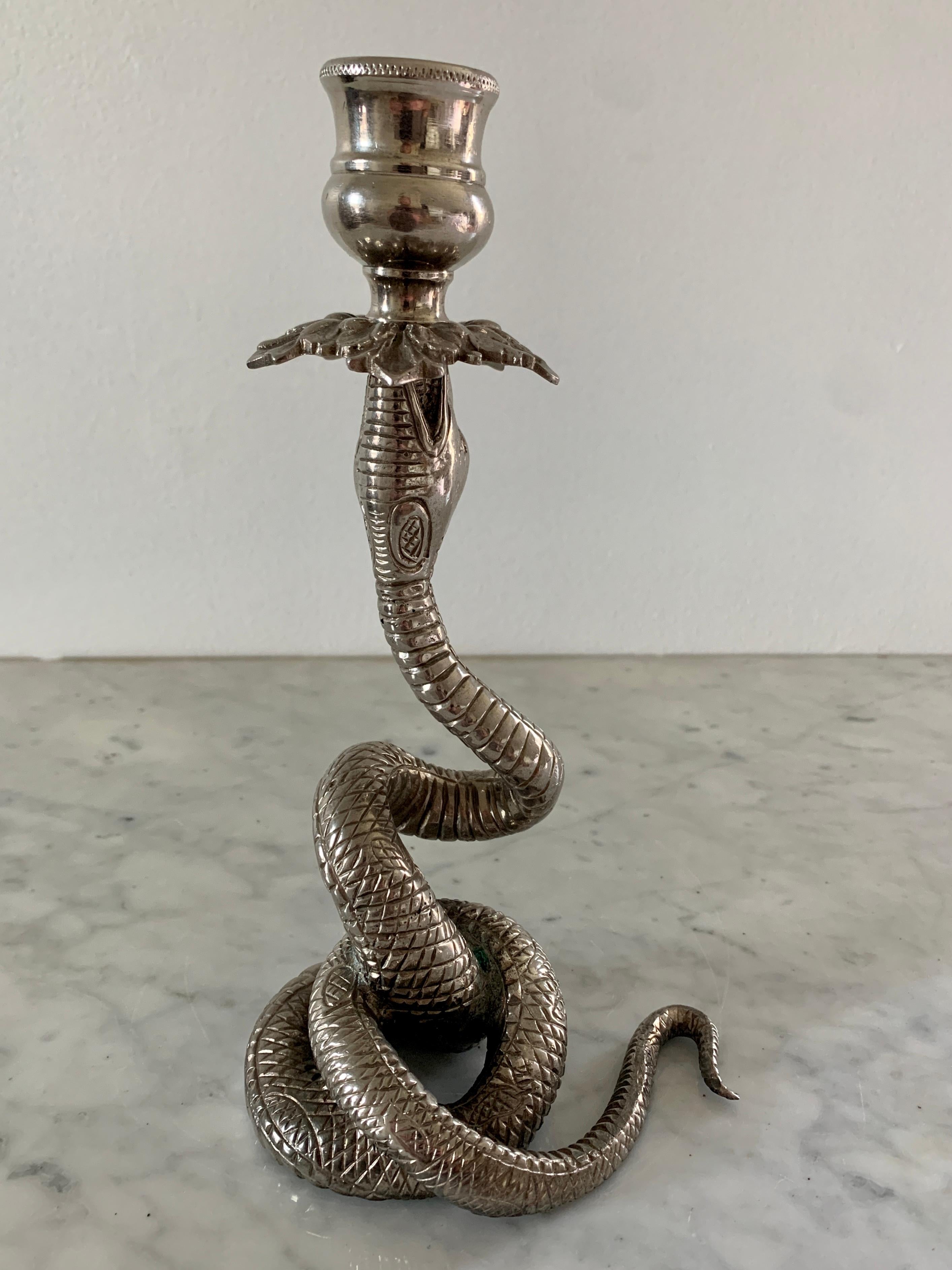 Brass Vintage Silver Serpent Snake Candle Holder For Sale
