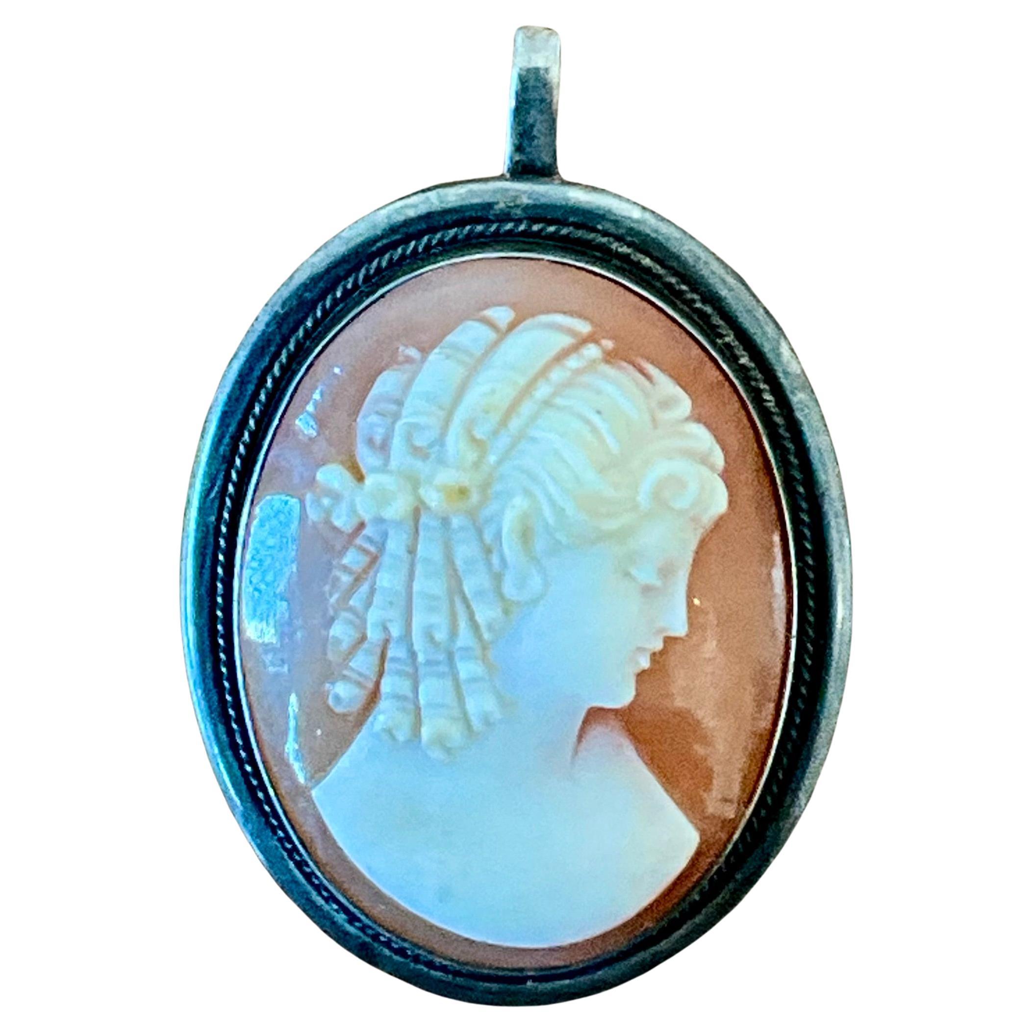 Vintage Silver Shell Cameo Brooch Pendant Brooch