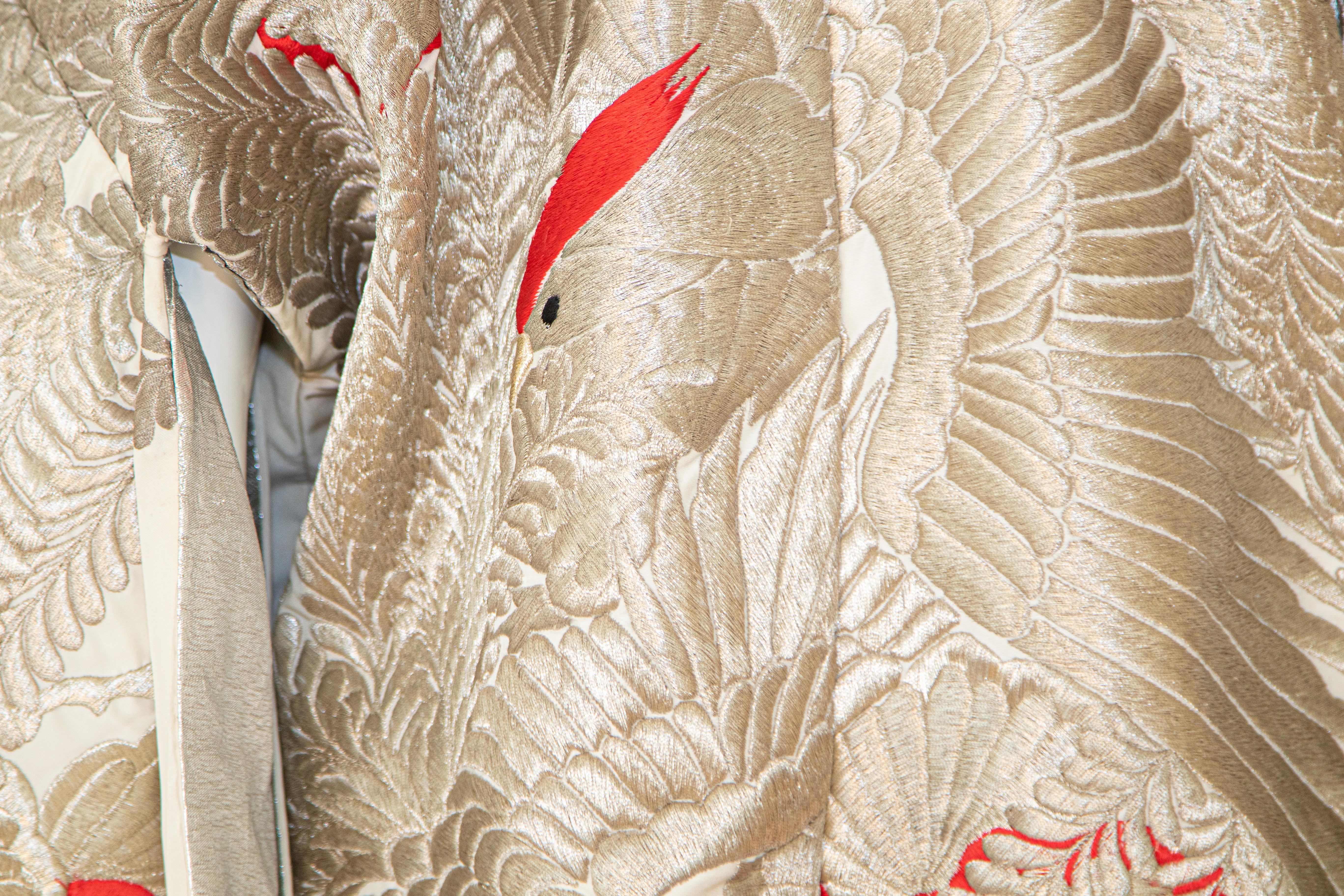 Women's Vintage Kimono Silver Silk Brocade Japanese Wedding Dress