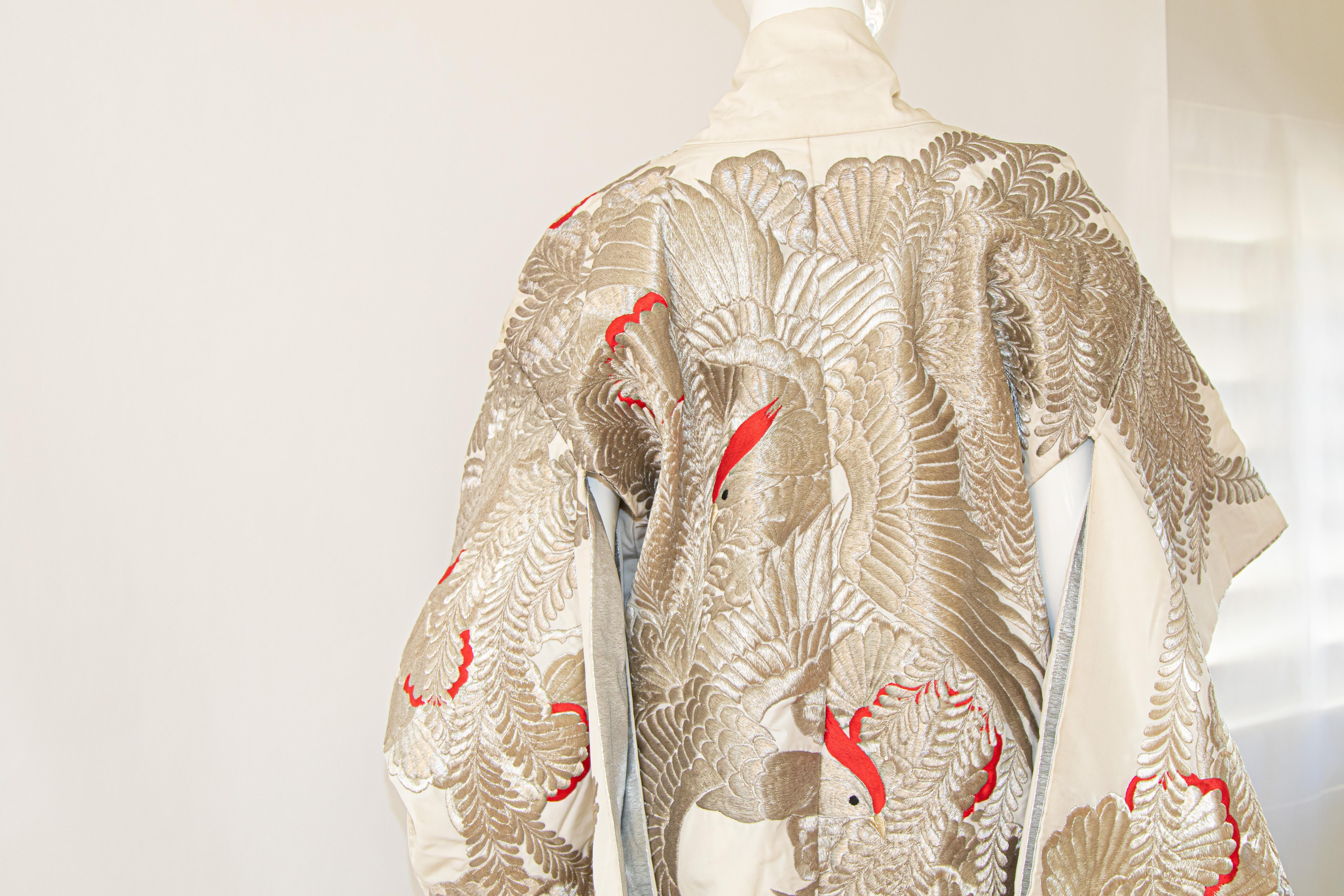 Beige Vintage Kimono Silver Silk Brocade Japanese Wedding Dress