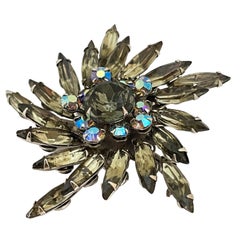 Vintage silver smokey rhinestones designer brooch