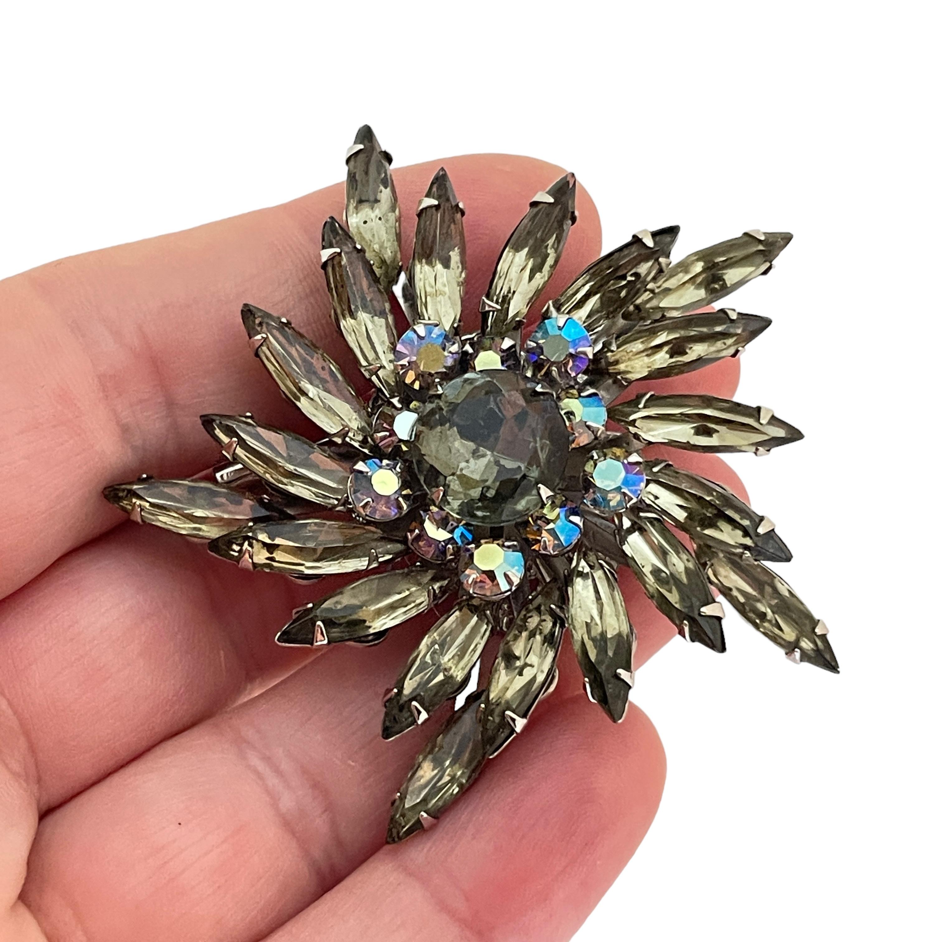 Women's Vintage silver smokey rhinestones designer brooch For Sale