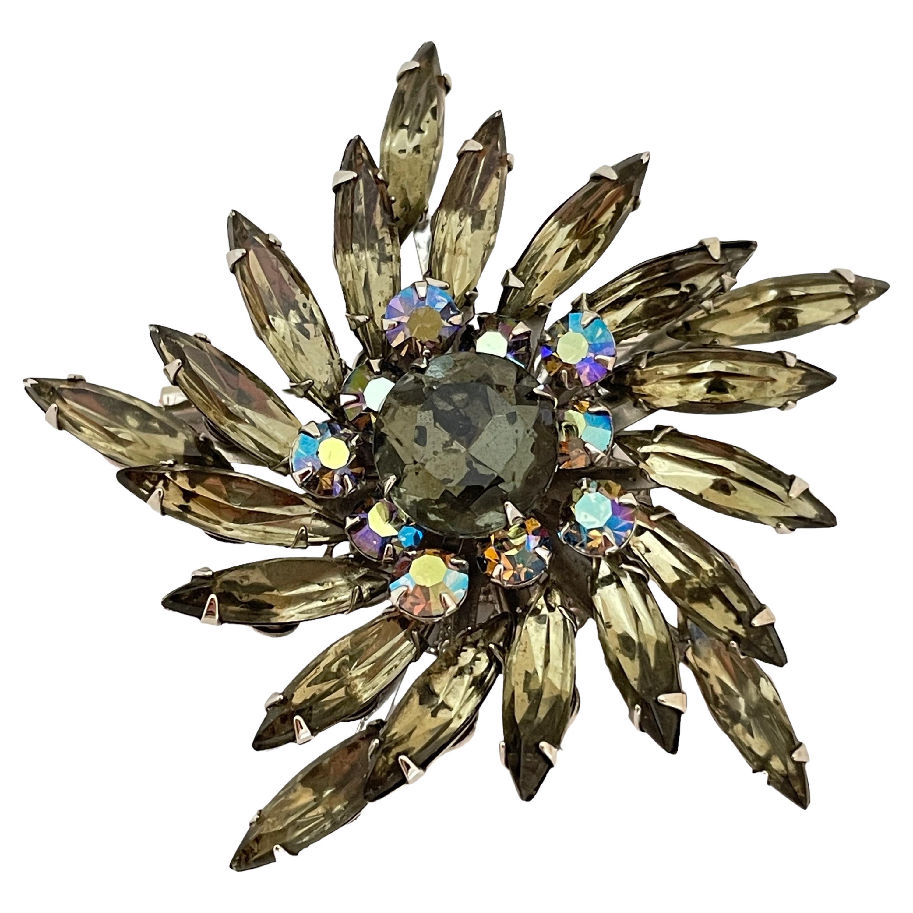 Vintage silver smokey rhinestones designer brooch For Sale